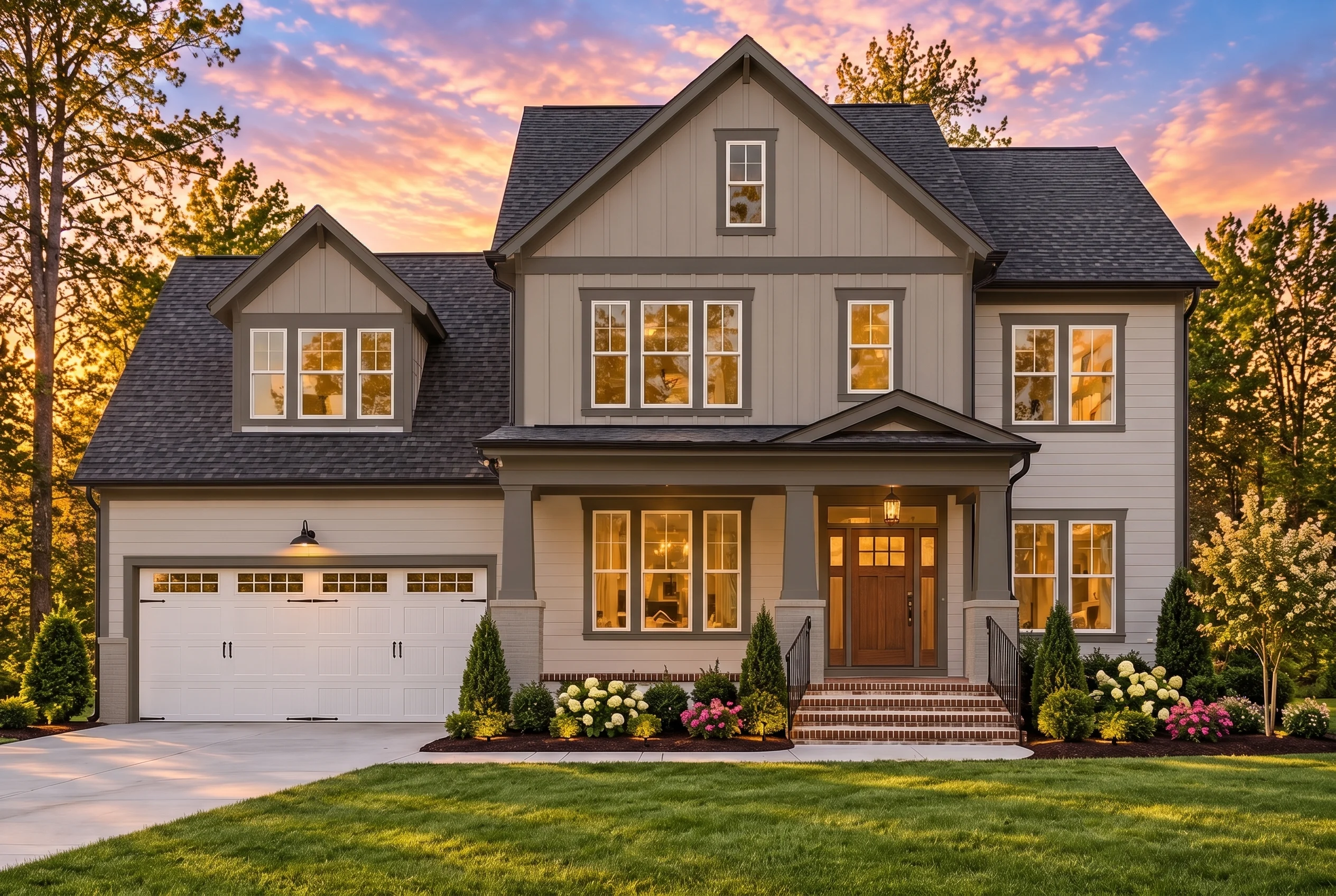 Plan  17-1191 – The White Cottage |  New American – 4-Bed, 4-Bath, 3,319 SF - Mushroom Taupe, AI-generated exterior concept