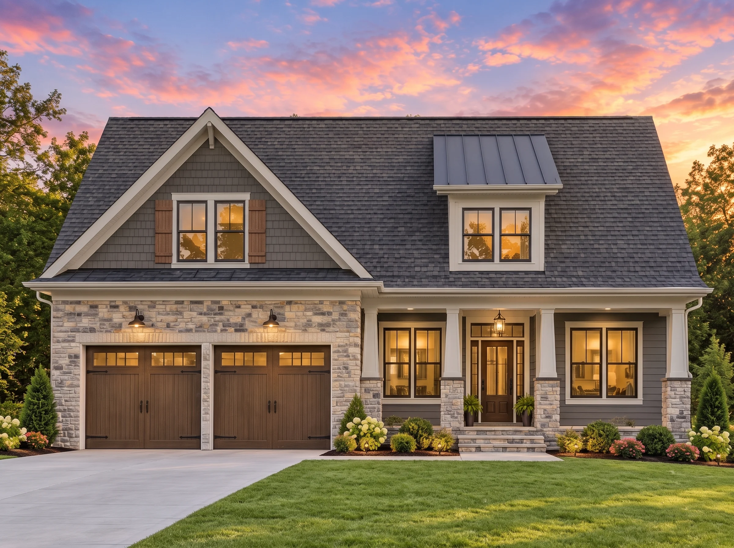 Plan  13-1957 – Cherry Brook Manor |  Modern Farmhouse – 3-Bed, 2-Bath, 1,896 SF - Warm Charcoal, AI-generated exterior concept