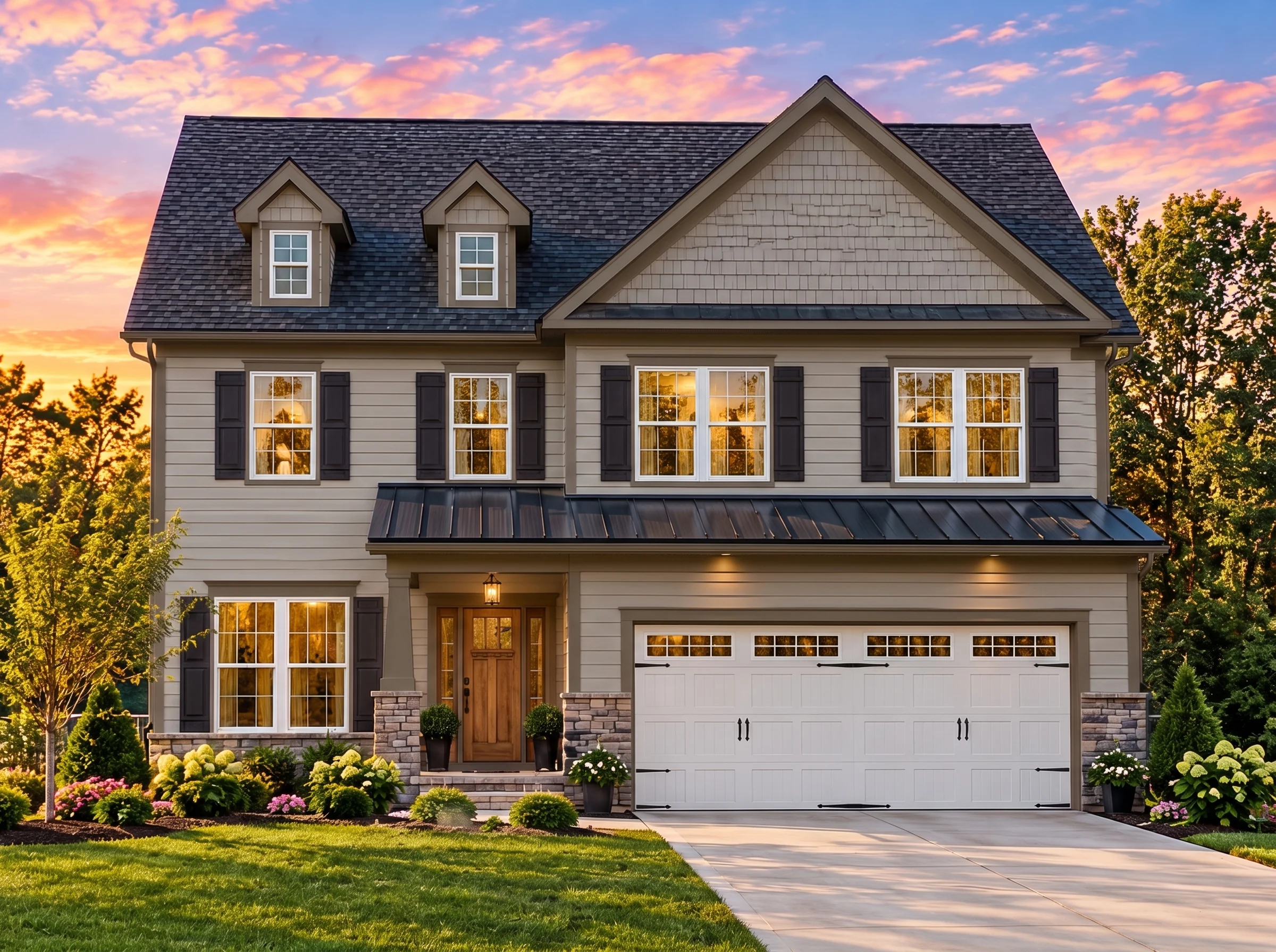 Plan  5-1240 – Hernandez Lodge |  Traditional Colonial – 4-Bed, 2.5-Bath, 2,702 SF - Mushroom Taupe, AI-generated exterior concept