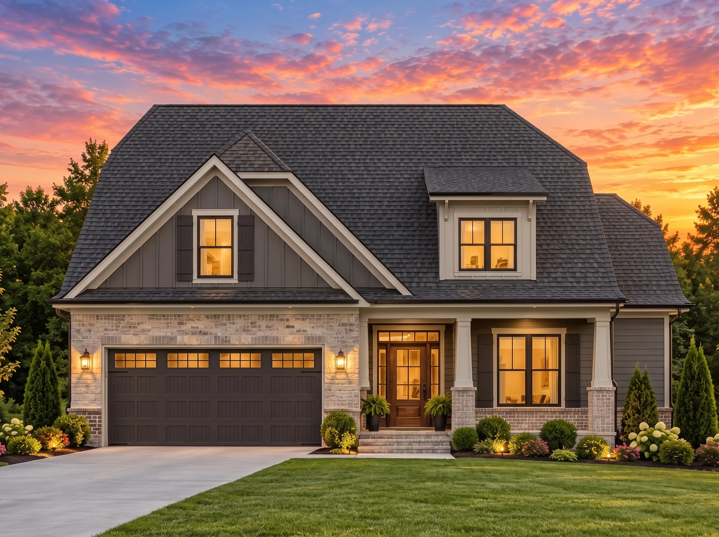 Plan  12-2736 – Willow Point House |  Modern Farmhouse – 3-Bed, 2-Bath, 2,454 SF - Warm Charcoal, AI-generated exterior concept