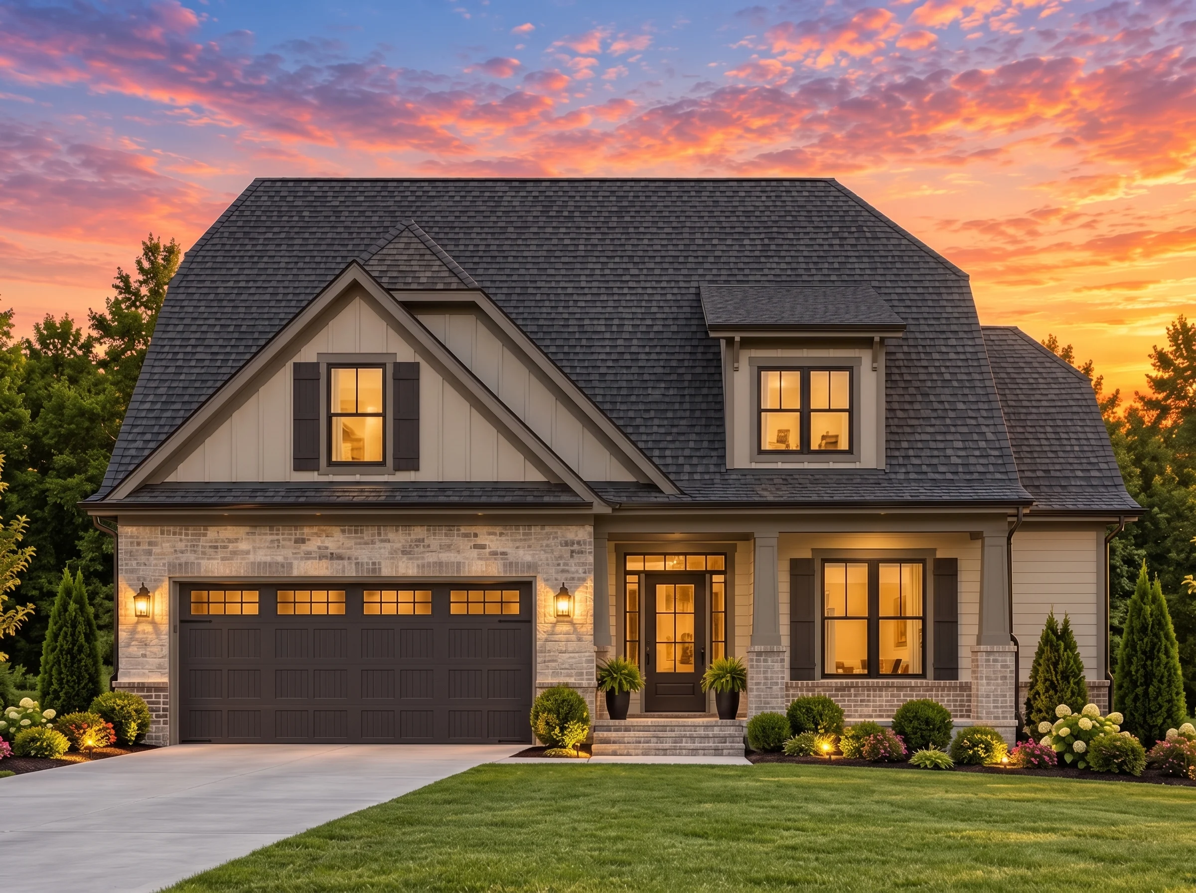 Plan  12-2736 – Willow Point House |  Modern Farmhouse – 3-Bed, 2-Bath, 2,454 SF - Mushroom Taupe, AI-generated exterior concept