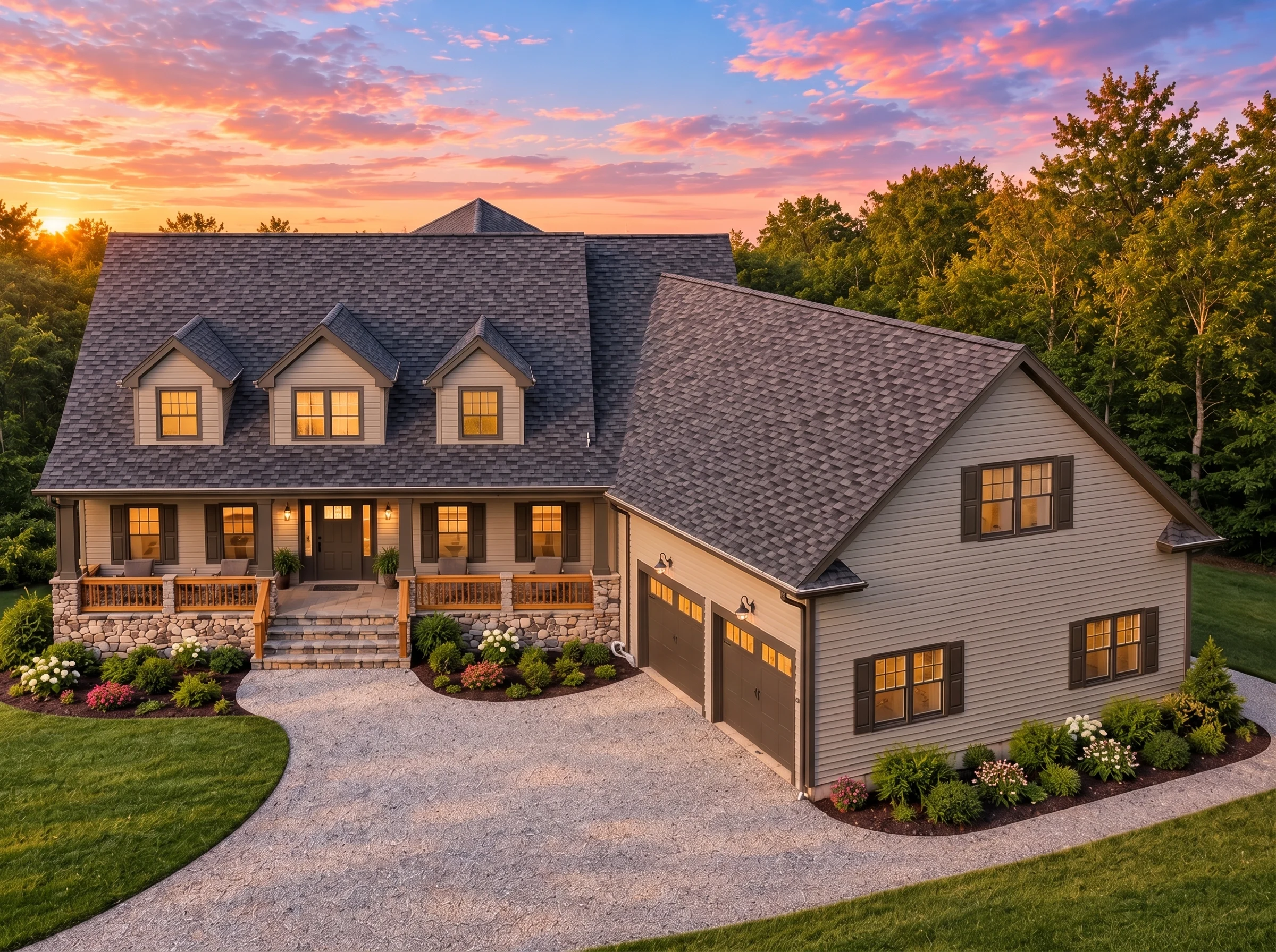 Plan  11-2044 – Birch Springs House  | New American – 3-Bed, 3.5-Bath, 2,976 SF - Mushroom Taupe, AI-generated exterior concept