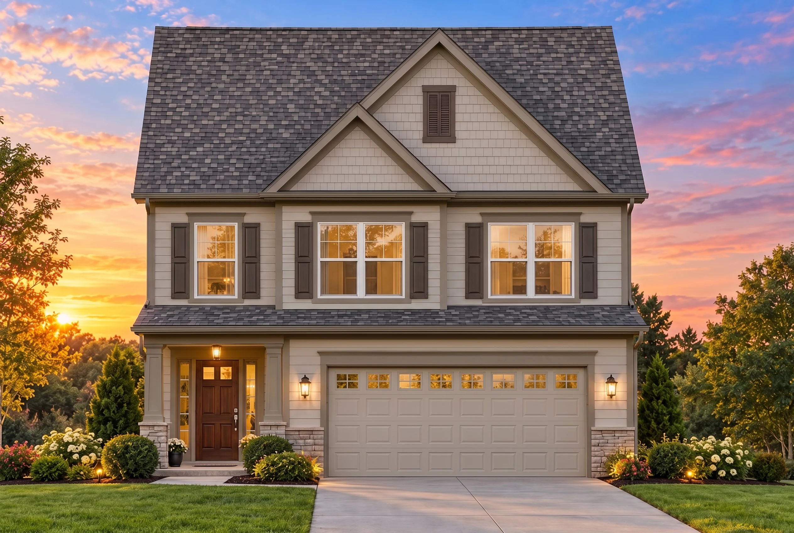 Plan  11-1411B – Harpeth Farmhouse |  Traditional Colonial – 3-Bed, 2.5-Bath, 1,798 SF - Mushroom Taupe, AI-generated exterior concept
