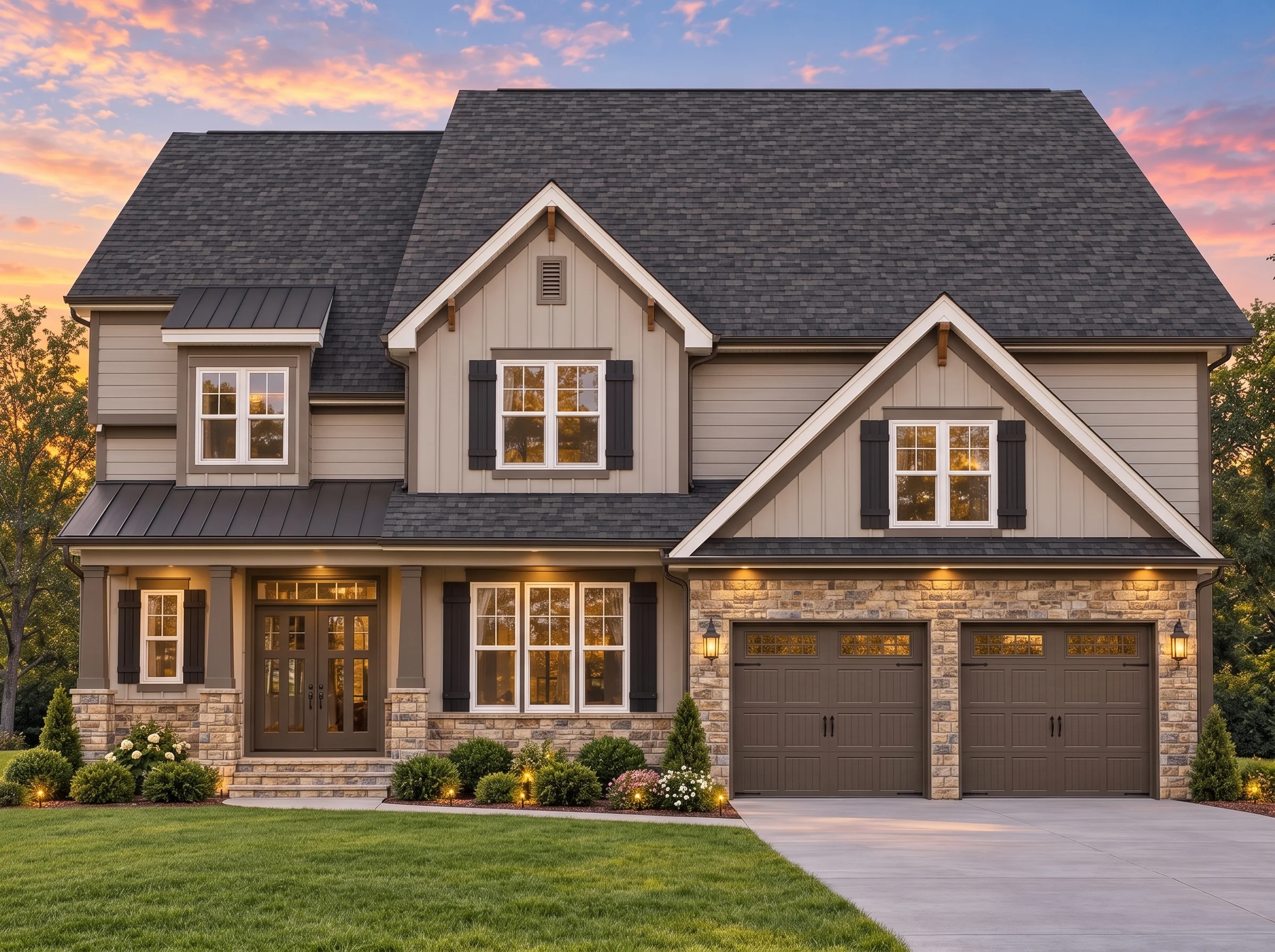 Plan  11-1297 – Bluebird Cottage |  Modern Farmhouse – 4-Bed, 3-Bath, 4,109 SF - Mushroom Taupe, AI-generated exterior concept