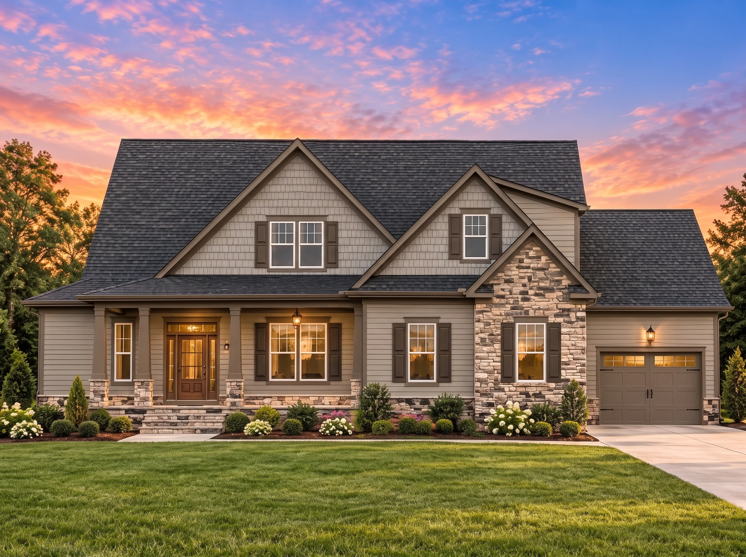 Plan  16-1828 – The Foster Haven |  New American – 4-Bed, 3-Bath, 2,450 SF - Mushroom Taupe, AI-generated exterior concept