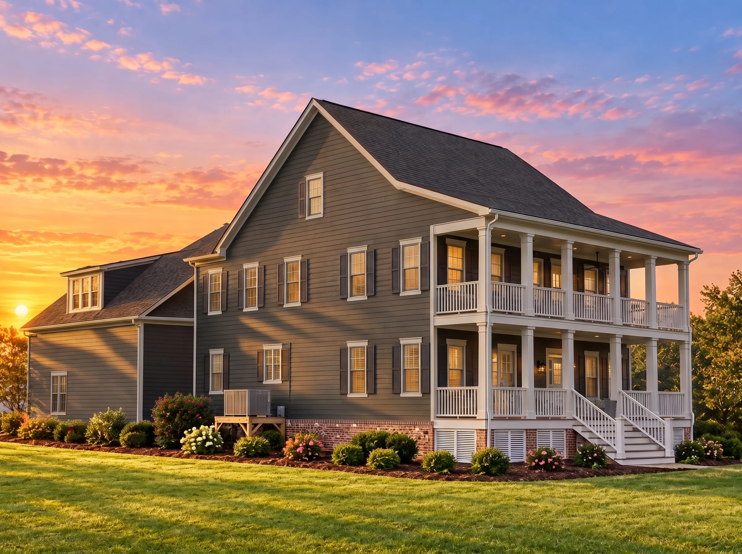 Plan  9-1155 – Wright Ridge | Low  Country – 3-Bed, 3.5-Bath, 3,343 SF - Warm Charcoal, AI-generated exterior concept