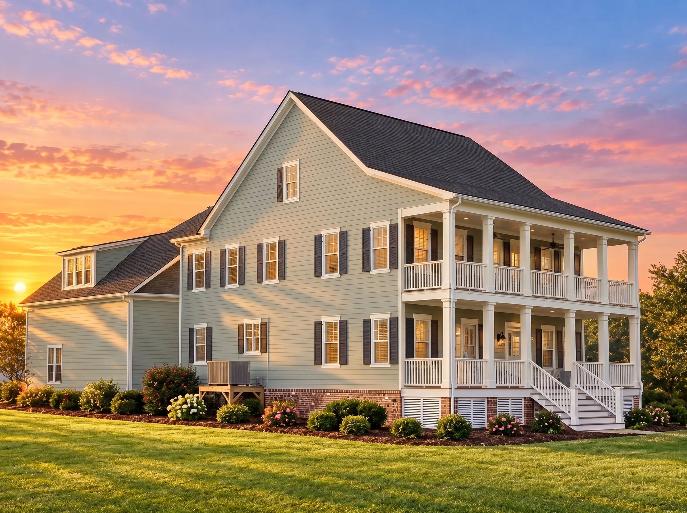 Plan  9-1155 – Wright Ridge | Low  Country – 3-Bed, 3.5-Bath, 3,343 SF - Muted Sage, AI-generated exterior concept