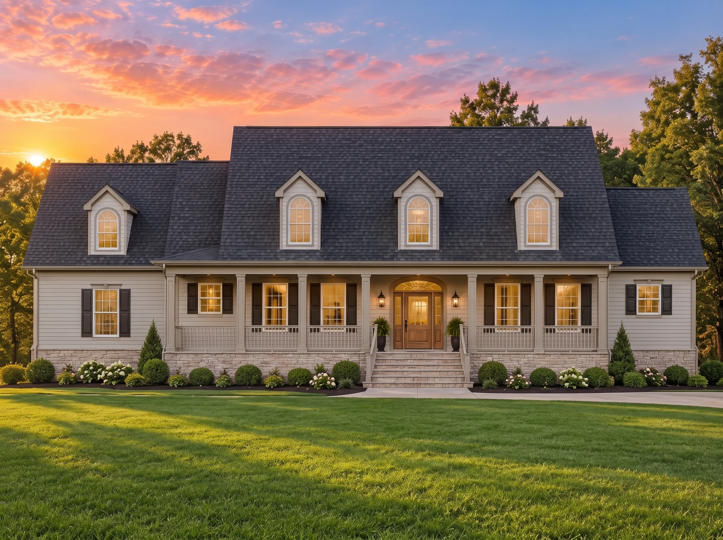 Plan  8-1350 – The Ward Manor |  Classic Colonial – 4-Bed, 2,106 SF - Mushroom Taupe, AI-generated exterior concept