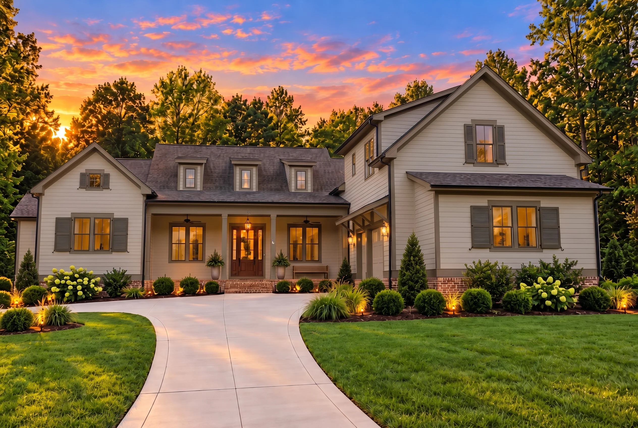 14-1366 HOUSE PLAN – Classic Farmhouse Home Plan – 4-Bed, 3.5-Bath, 3,485 SF - Mushroom Taupe, AI-generated exterior concept