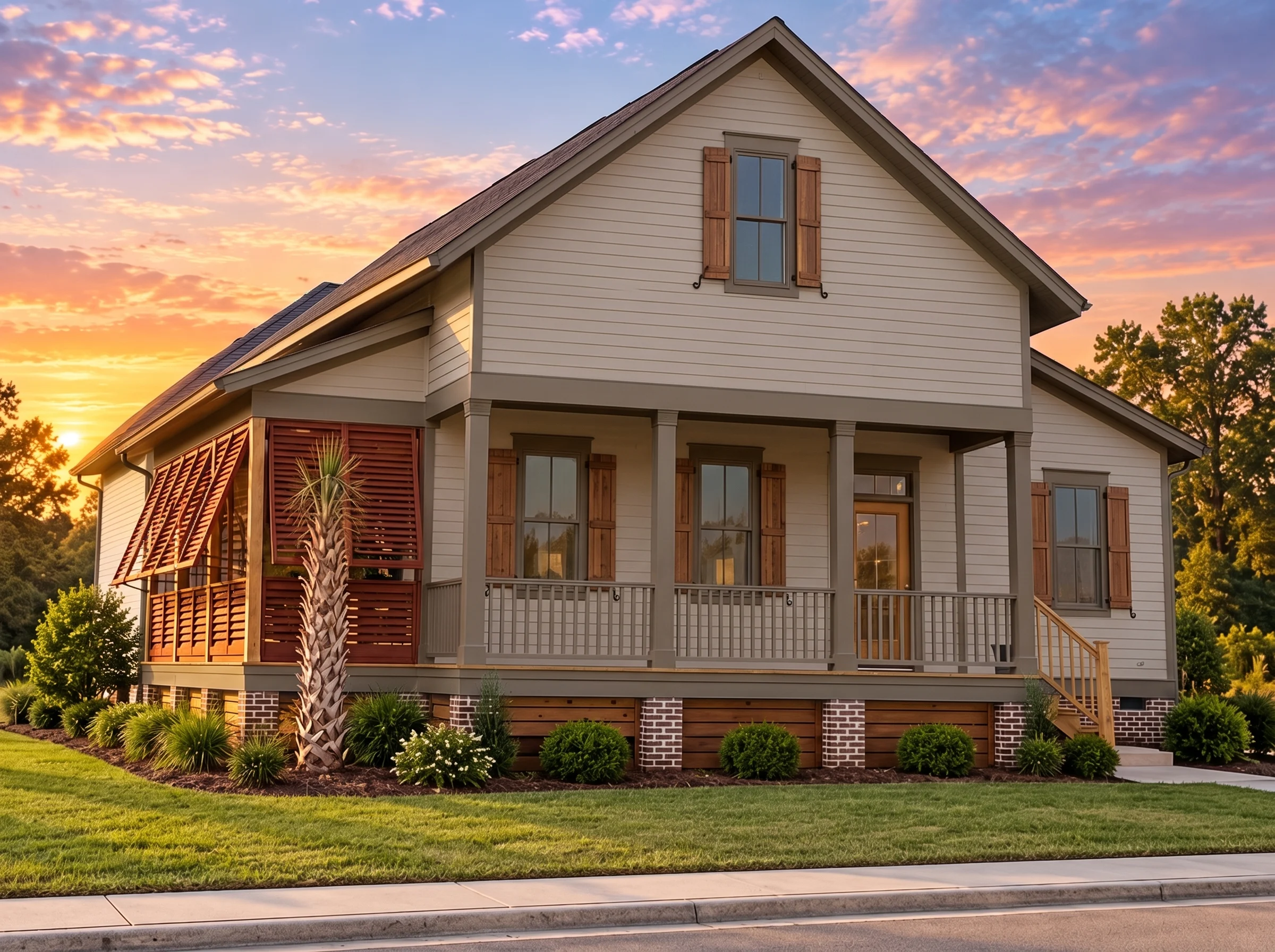 14-1392 HOUSE PLAN – Low Country Home Plan – 3-Bed, 4-Bath, 2,279 SF - Mushroom Taupe, AI-generated exterior concept