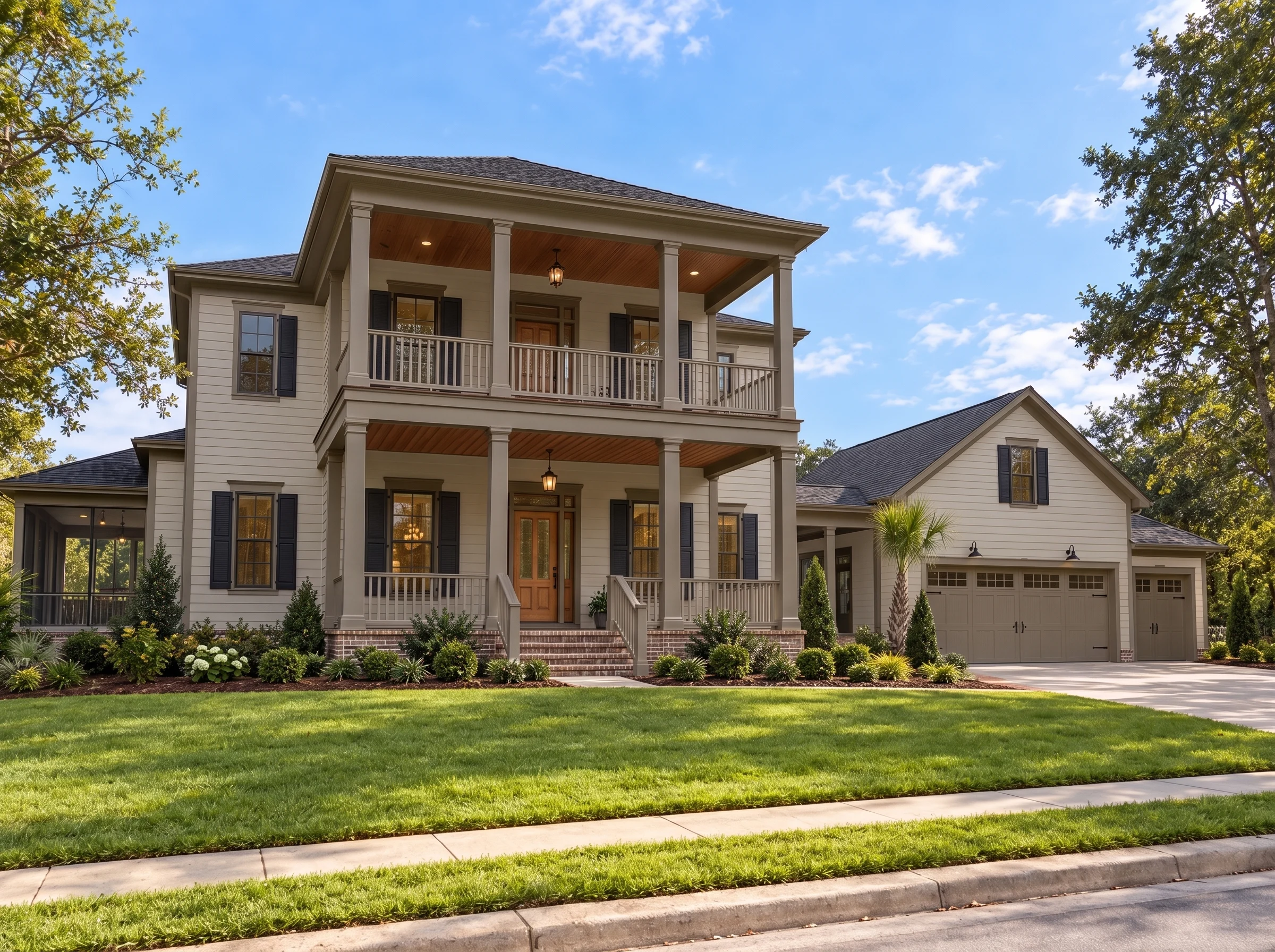 14-1393 HOUSE PLAN – Classical Southern Home Plan – 4-Bed, 2.5-Bath, 2,607 SF - Mushroom Taupe, AI-generated exterior concept
