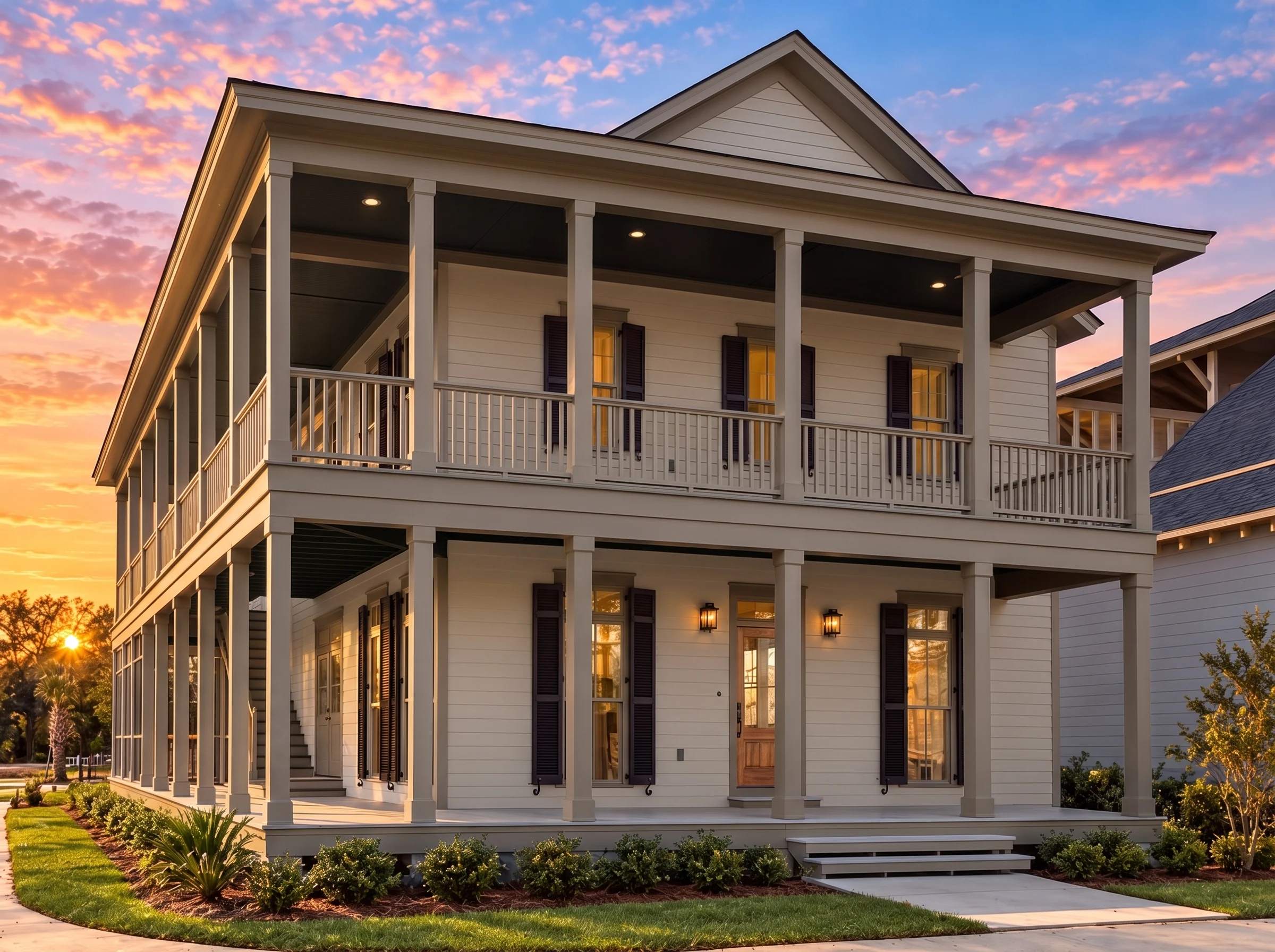 14-1467 HOUSE PLAN – Charleston Home Plan – 4-Bed, 3-Bath, 2,593 SF - Mushroom Taupe, AI-generated exterior concept