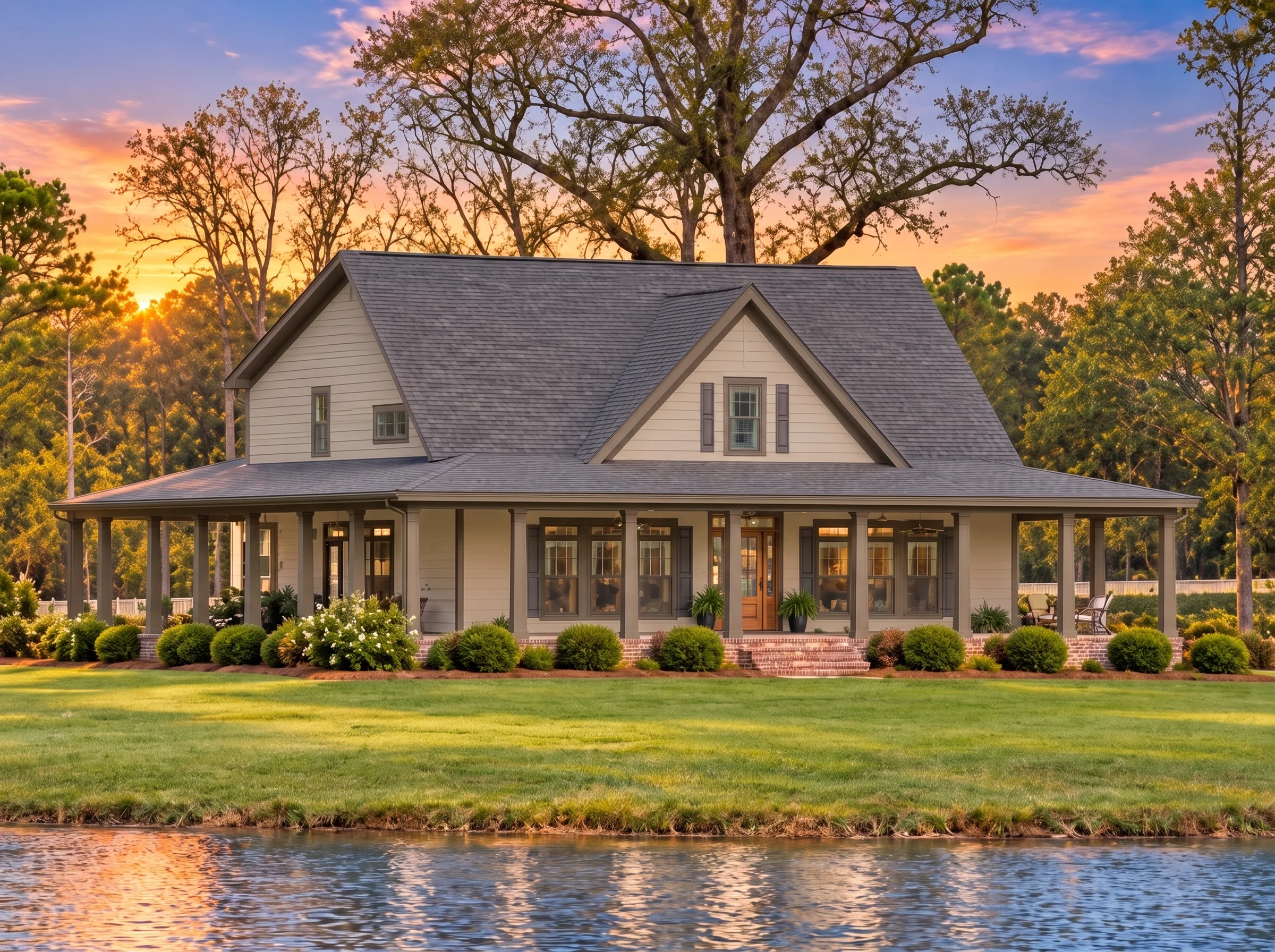 14-1758 HOUSE PLAN – Classic Farmhouse Home Plan – 3-Bed, 2-Bath, 2,406 SF - Mushroom Taupe, AI-generated exterior concept