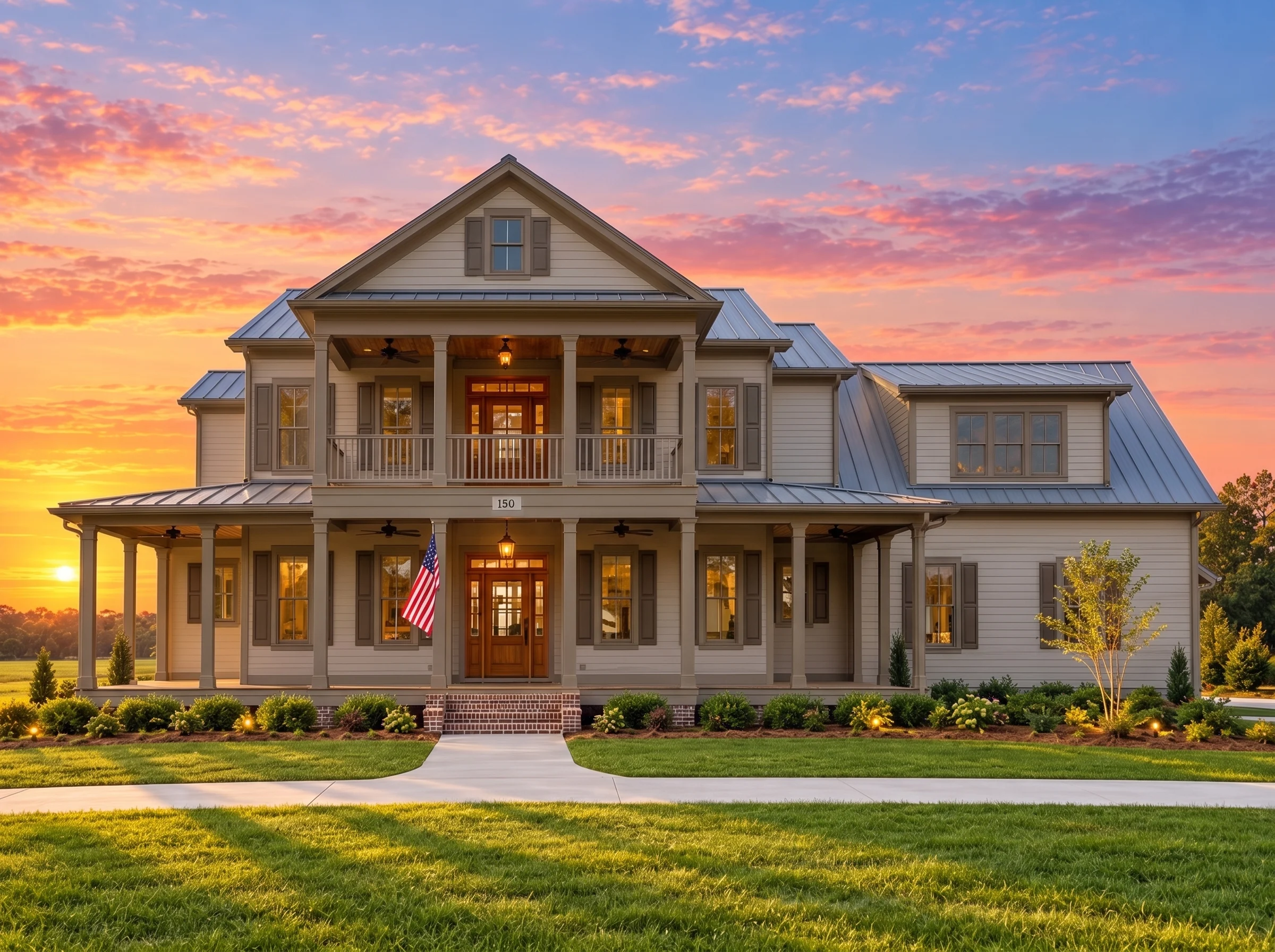 14-2048 HOUSE PLAN – Classical Southern Home Plan – 5-Bed, 3.5-Bath, 4,050 SF - Mushroom Taupe, AI-generated exterior concept