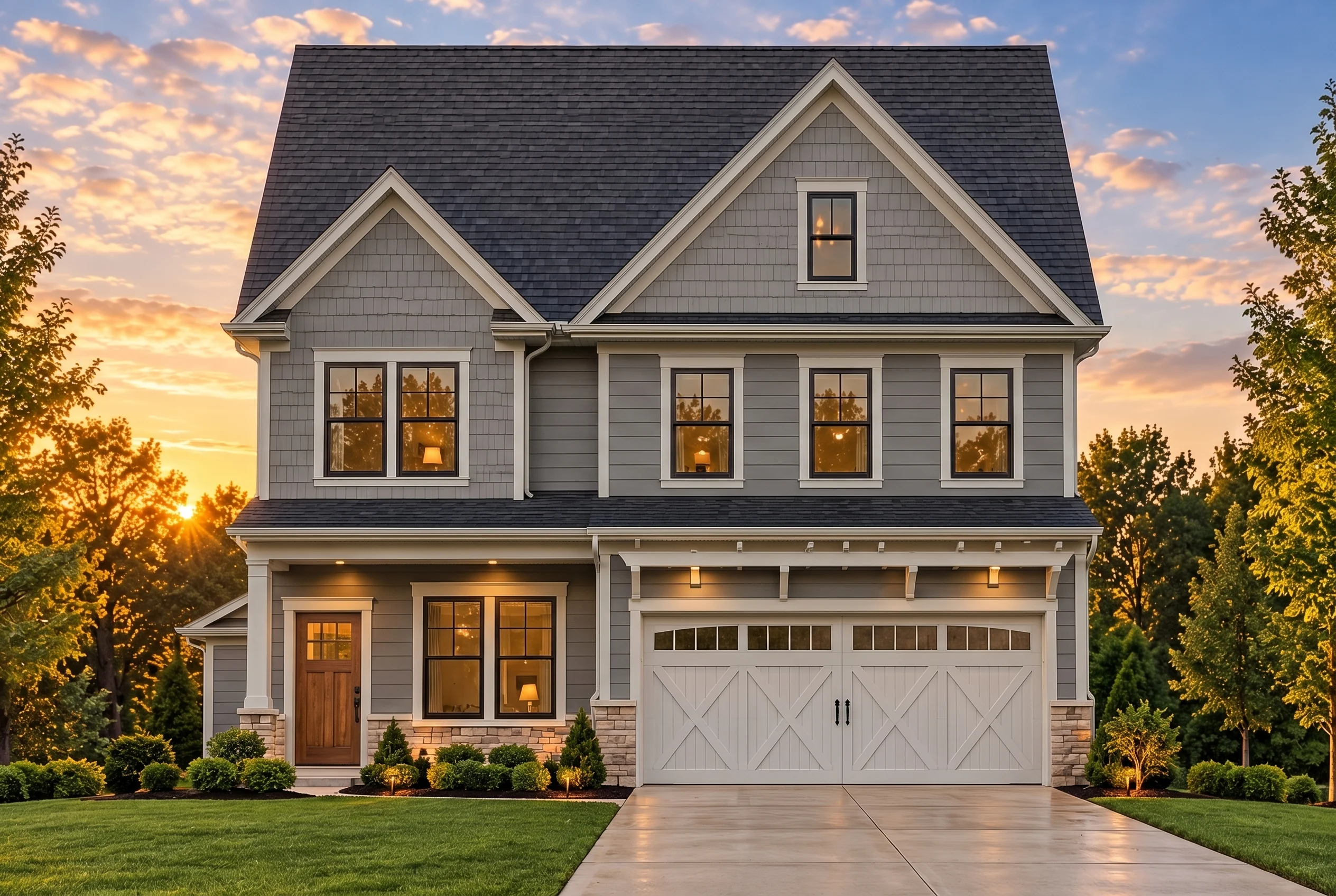 Plan  11-1899 – Auburn Heights House  | Modern Farmhouse – 3-Bed, 2.5-Bath, 2,134 SF - Warm Charcoal, AI-generated exterior concept