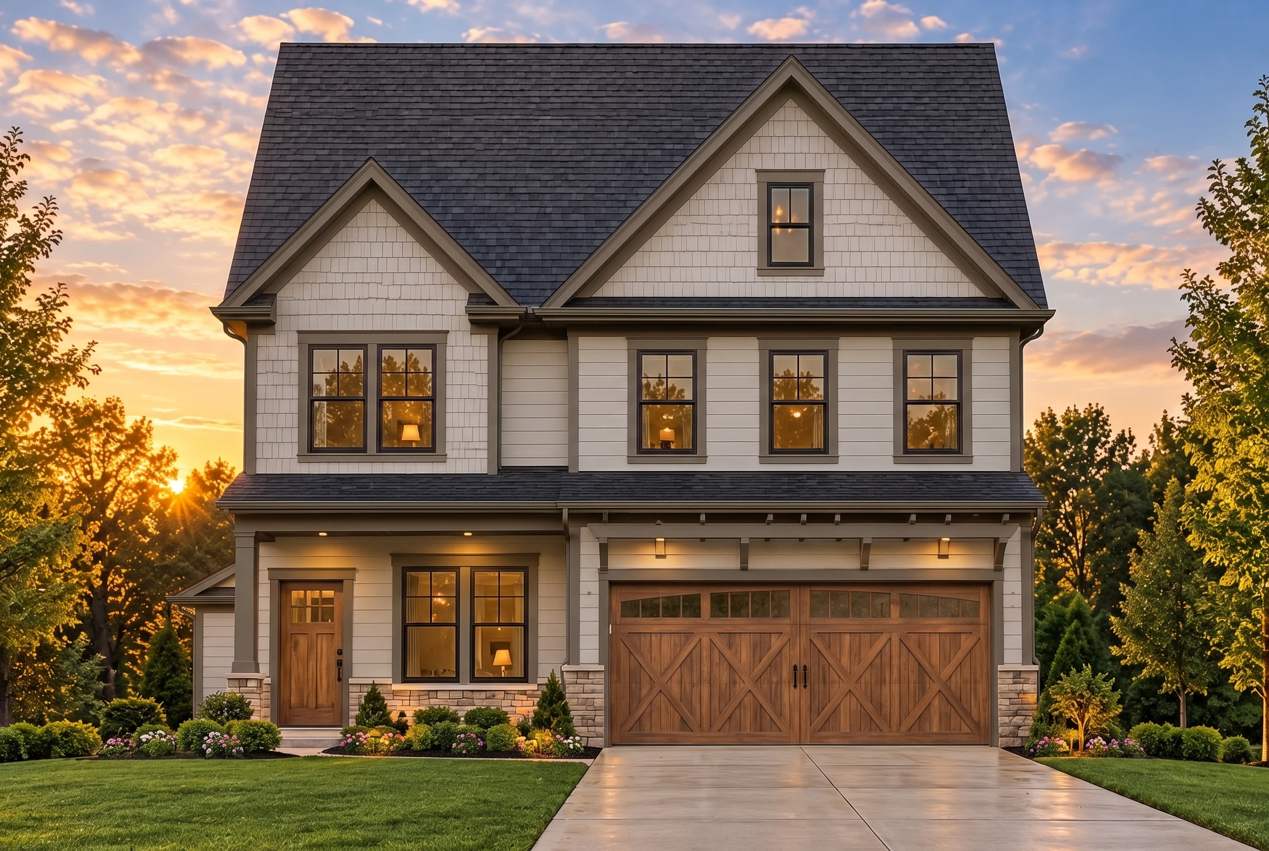 Plan  11-1899 – Auburn Heights House  | Modern Farmhouse – 3-Bed, 2.5-Bath, 2,134 SF - Mushroom Taupe, AI-generated exterior concept