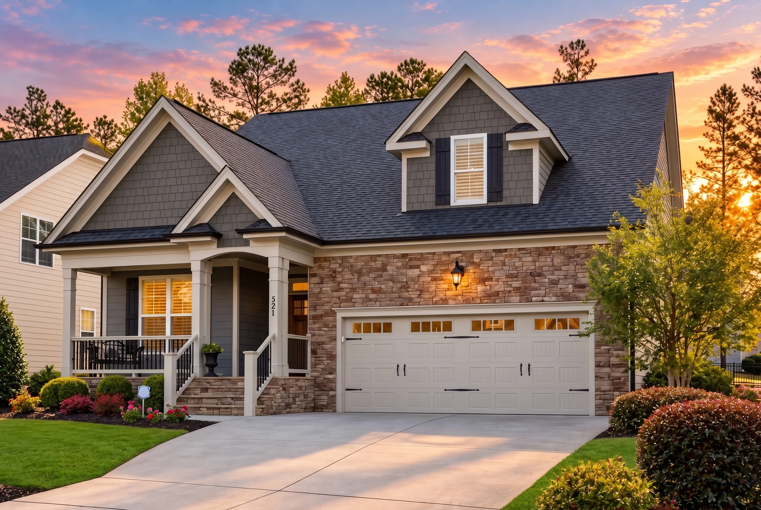 Plan  11-1912 – Cherry Blossom Manor  | New American – 3-Bed, 3-Bath, 2,558 SF - Warm Charcoal, AI-generated exterior concept