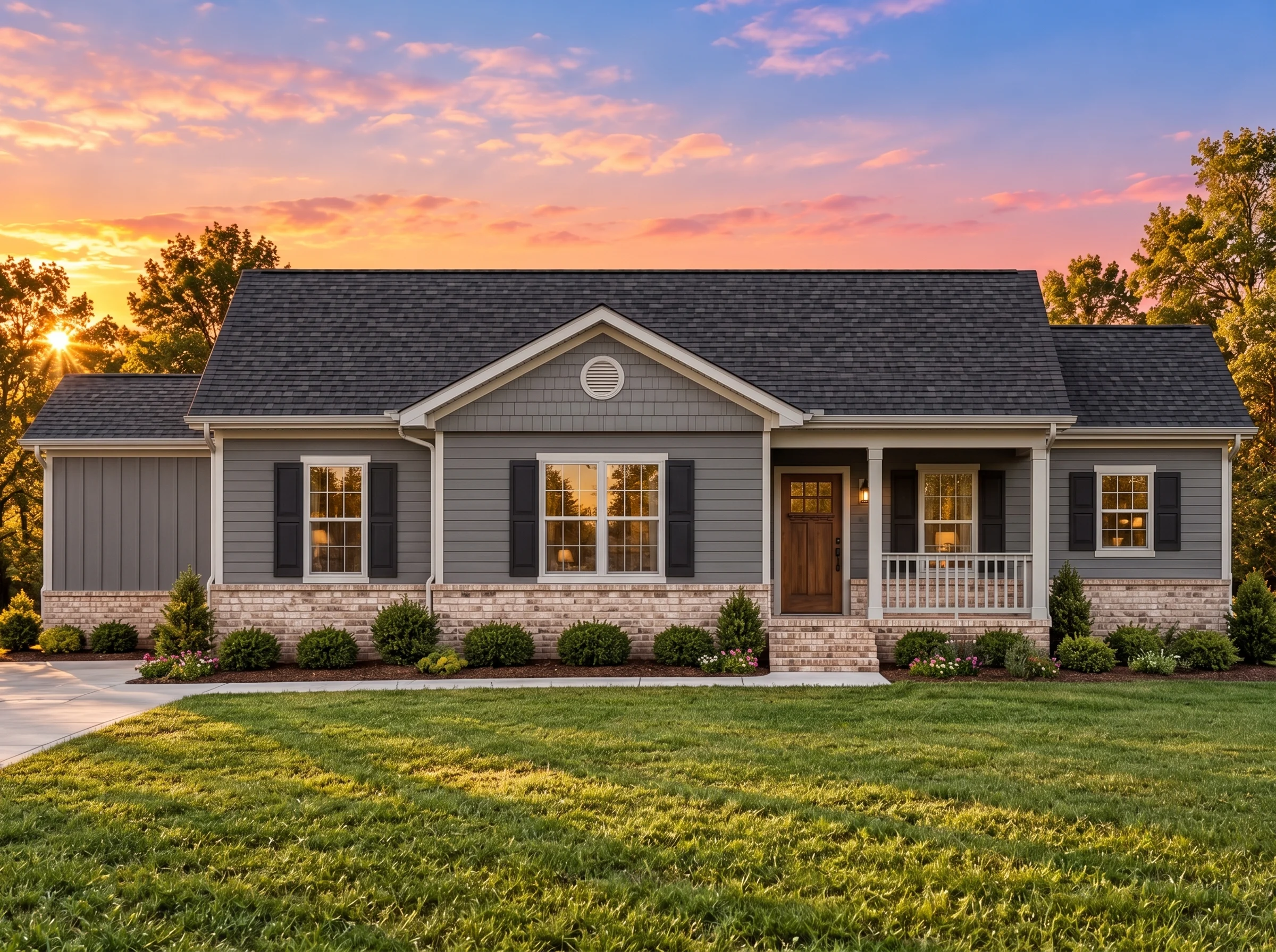 Plan  11-1916 – Dogwood Springs |  Traditional Ranch – 3-Bed, 2-Bath, 1,101 SF - Warm Charcoal, AI-generated exterior concept