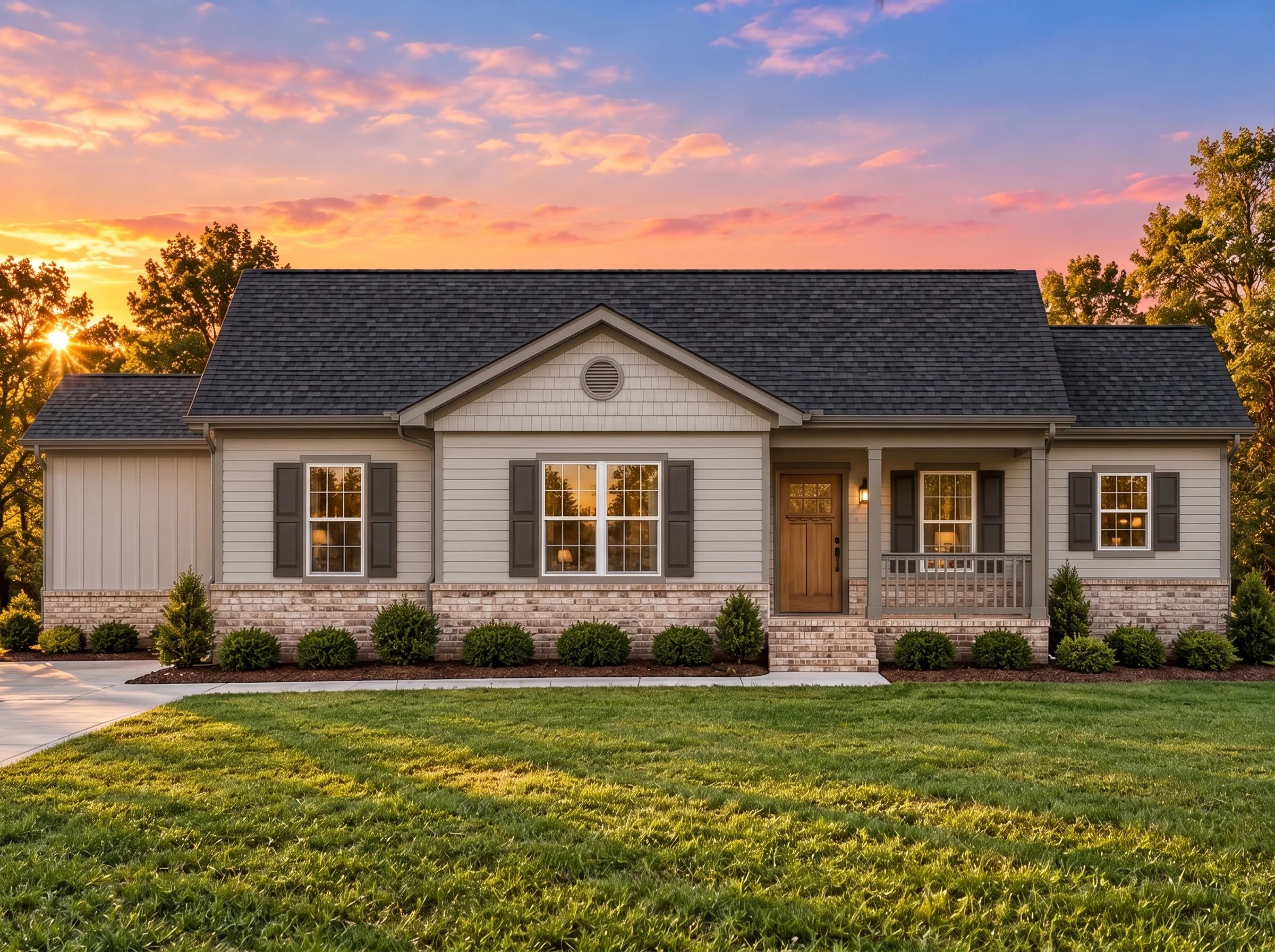 Plan  11-1916 – Dogwood Springs |  Traditional Ranch – 3-Bed, 2-Bath, 1,101 SF - Mushroom Taupe, AI-generated exterior concept