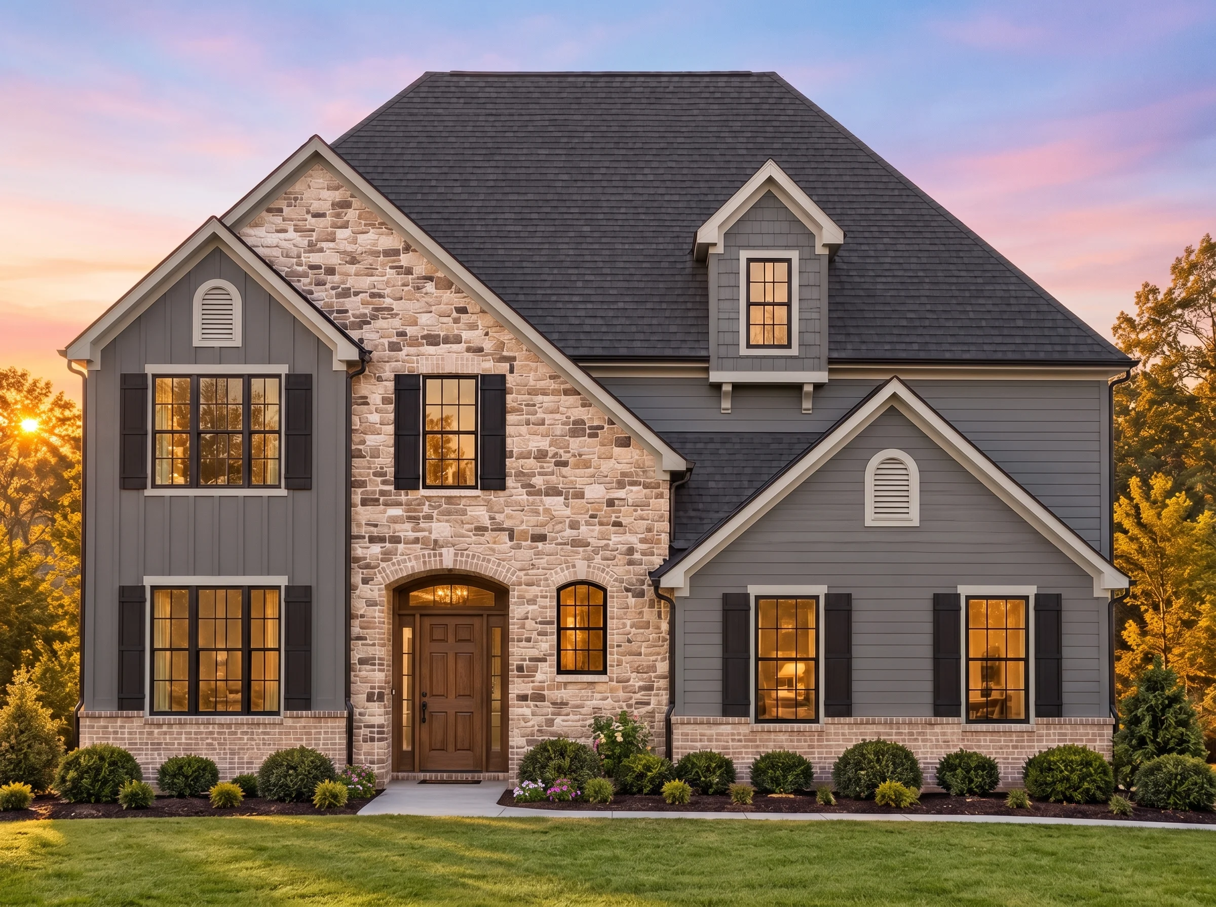 Plan  11-1802 – Step Estate |  Traditional Colonial – 4-Bed, 3.5-Bath, 3,143 SF - Warm Charcoal, AI-generated exterior concept