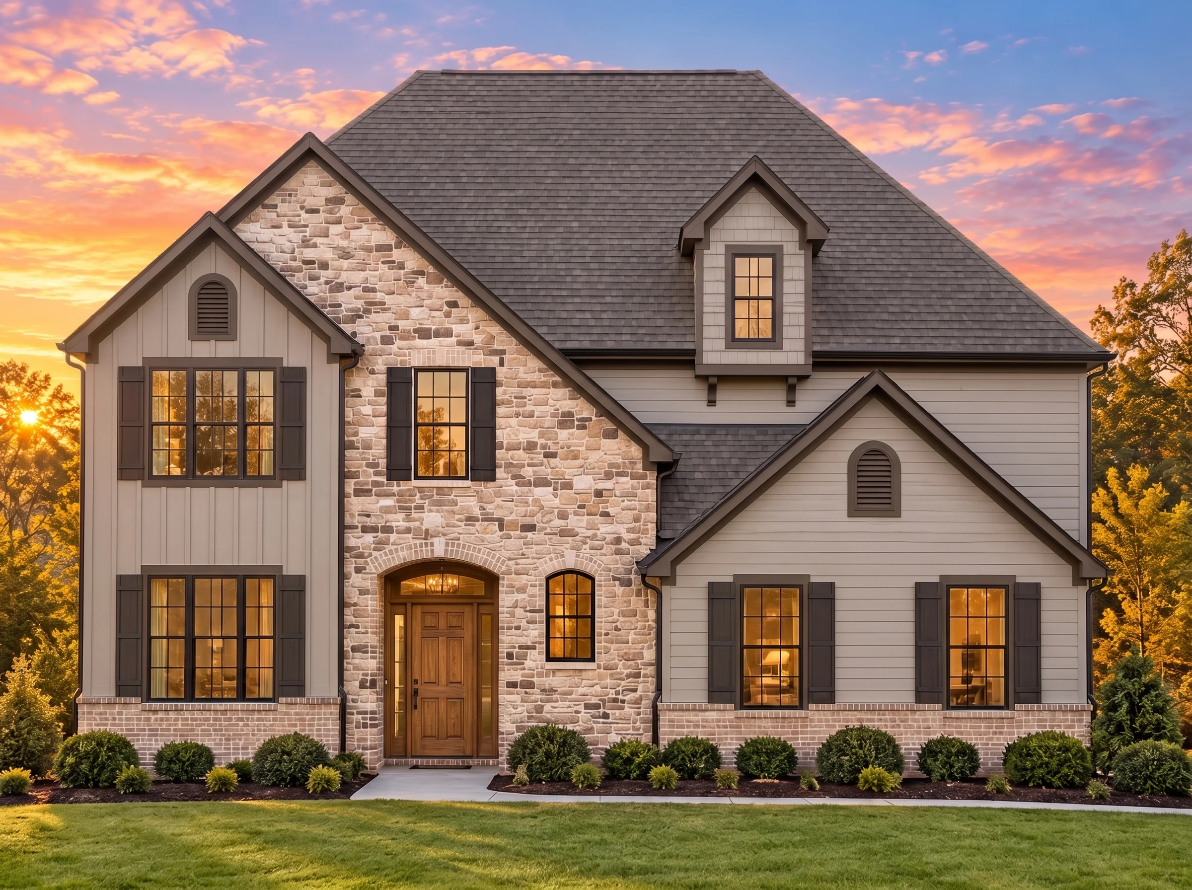 Plan  11-1802 – Step Estate |  Traditional Colonial – 4-Bed, 3.5-Bath, 3,143 SF - Mushroom Taupe, AI-generated exterior concept
