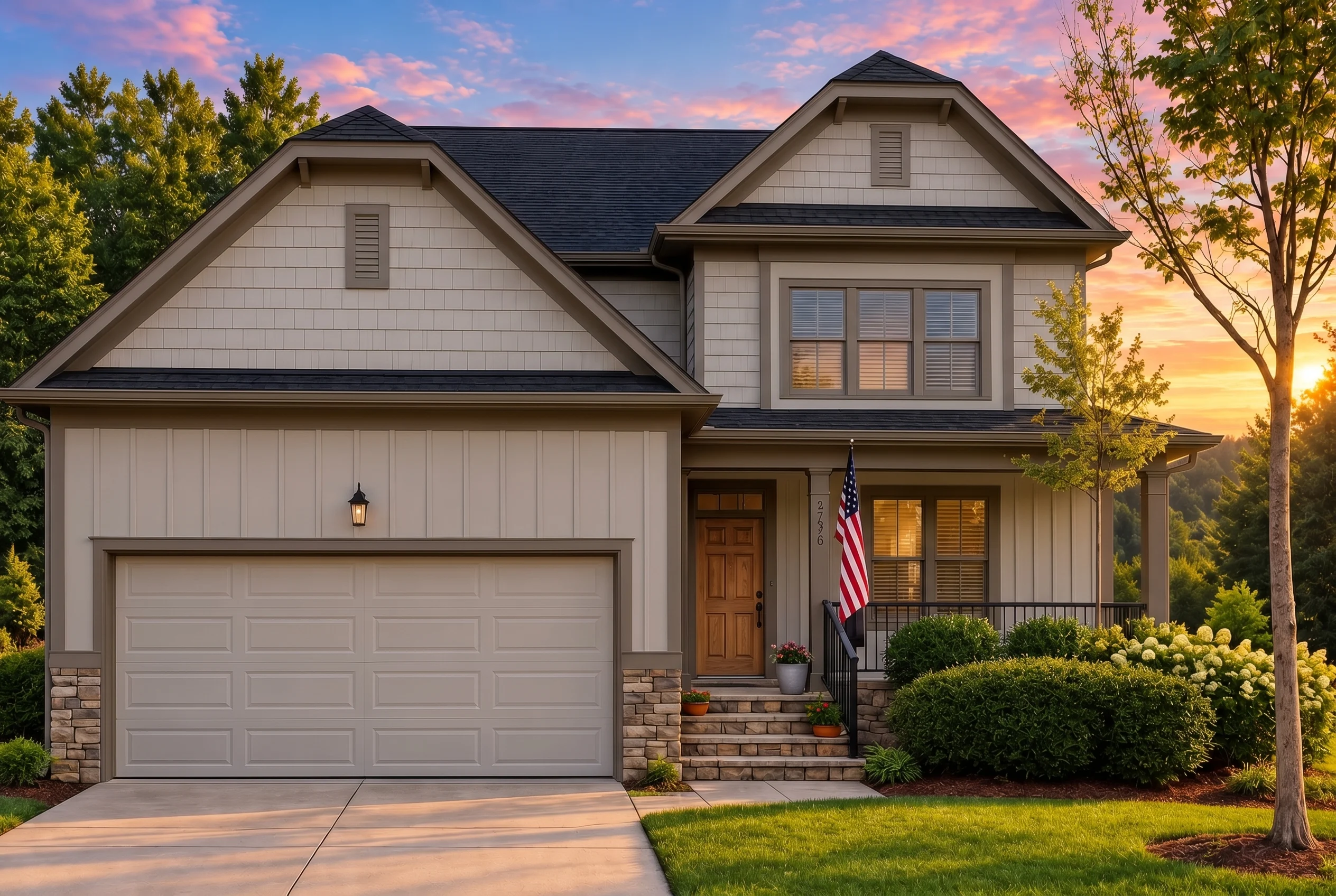 Plan  11-1750 – Ivy Brook Cottage |  Traditional Farmhouse – 3-Bed, 2.5-Bath, 2,482 SF - Mushroom Taupe, AI-generated exterior concept