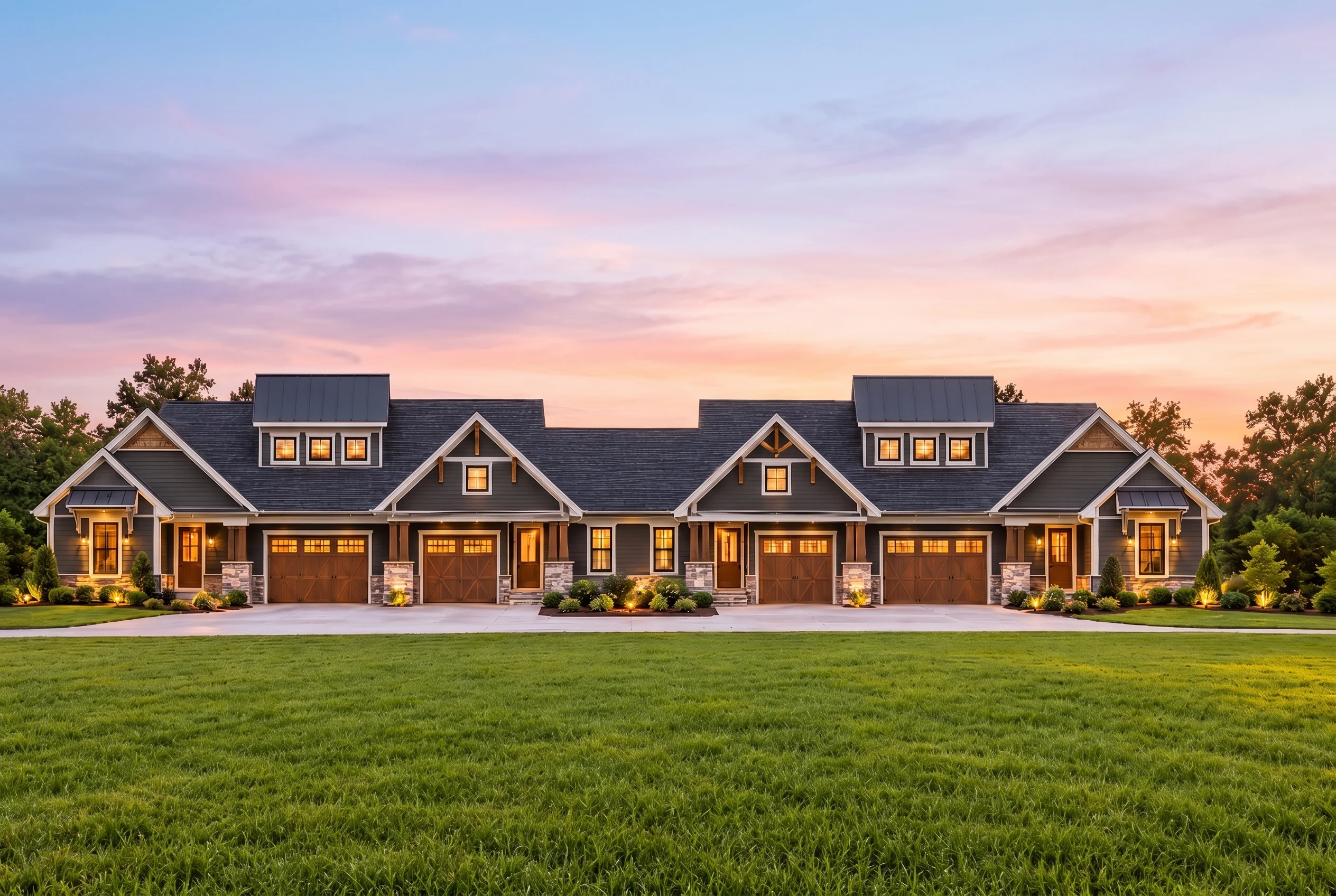 Plan  11-1773 – Chestnut Grove Manor  | Modern Farmhouse Townhome – 3-Bed, 2-Bath, 6,124 SF - Warm Charcoal, AI-generated exterior concept