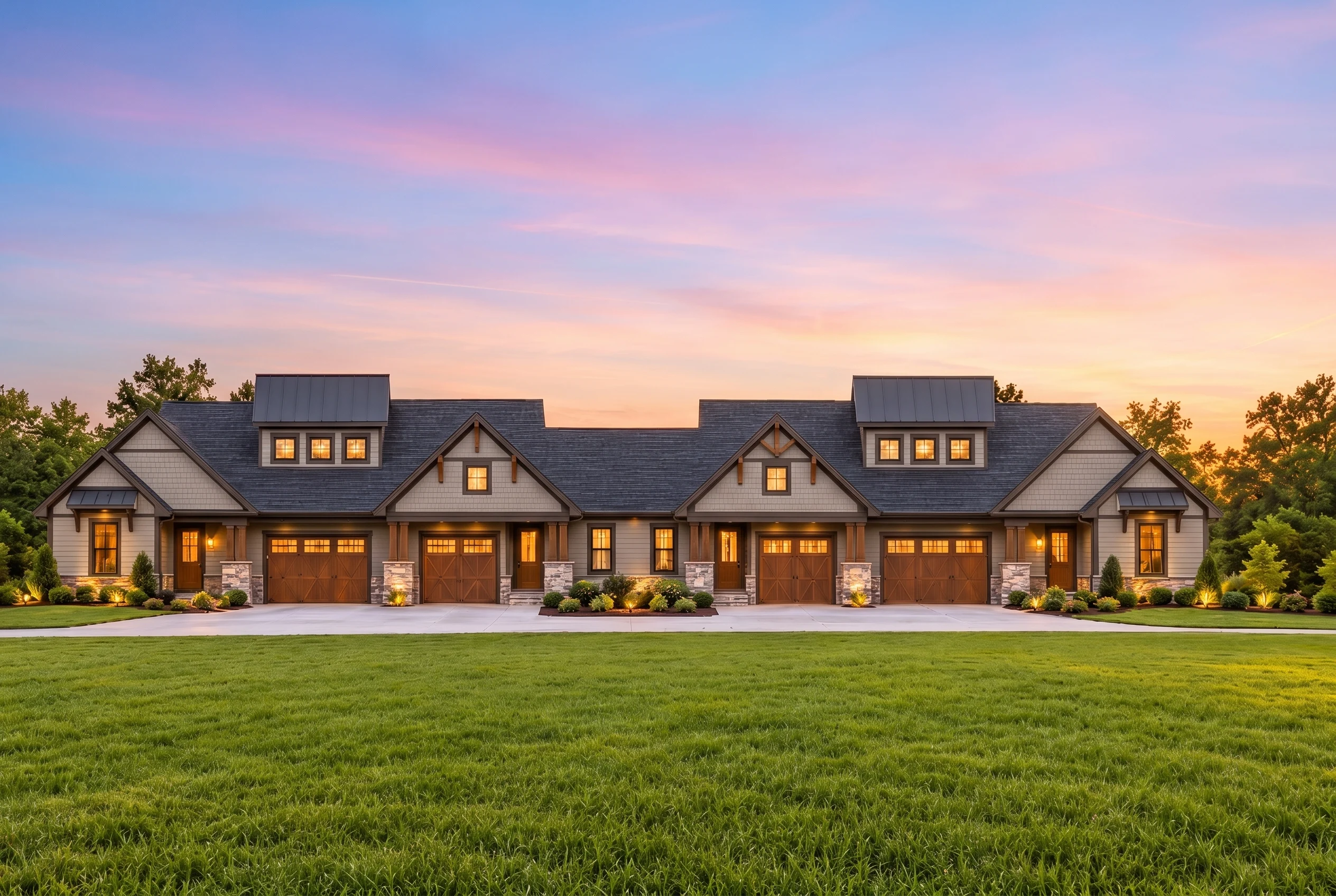 Plan  11-1773 – Chestnut Grove Manor  | Modern Farmhouse Townhome – 3-Bed, 2-Bath, 6,124 SF - Mushroom Taupe, AI-generated exterior concept