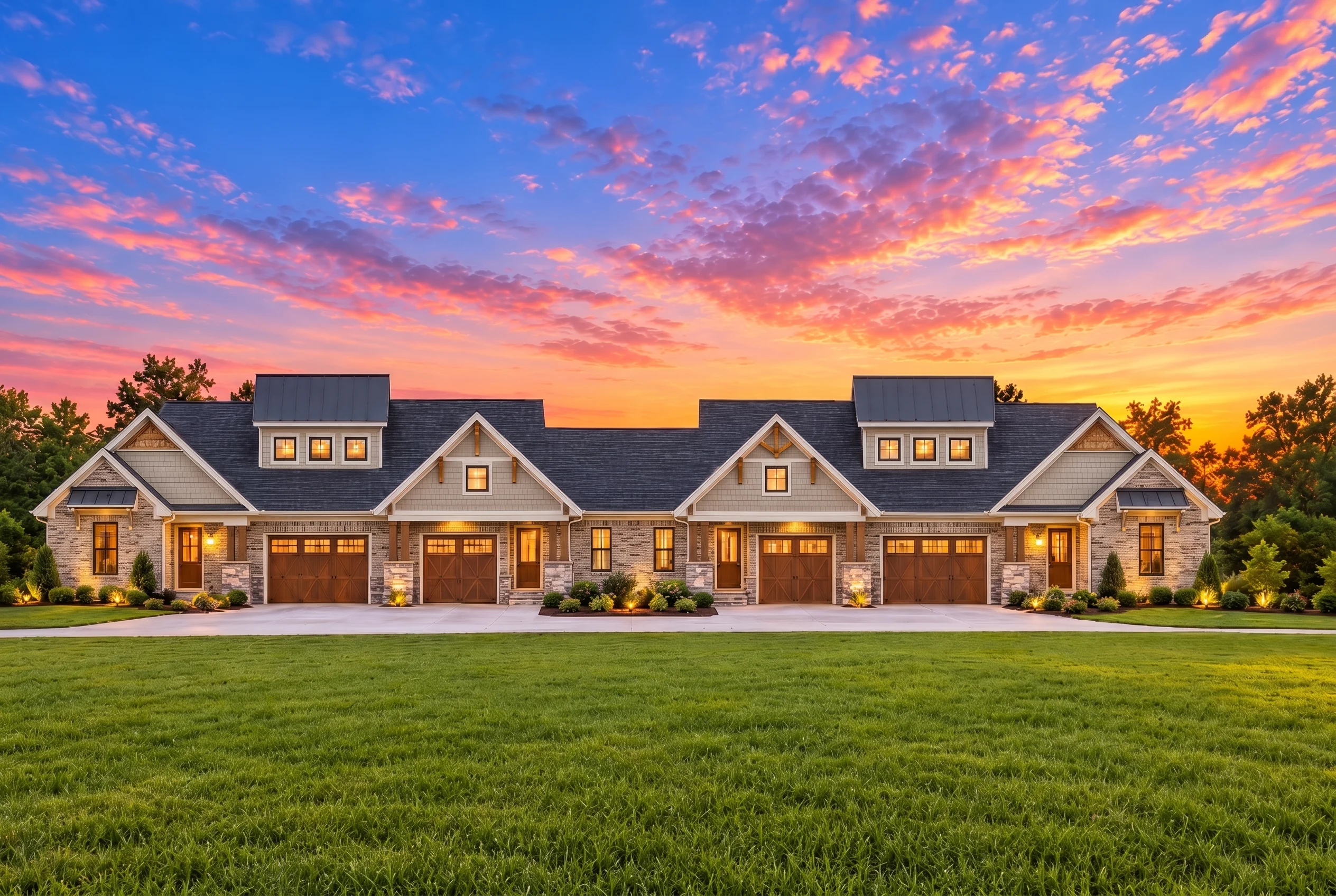 Plan  11-1773 – Chestnut Grove Manor  | Modern Farmhouse Townhome – 3-Bed, 2-Bath, 6,124 SF - Natural Brick, AI-generated exterior concept