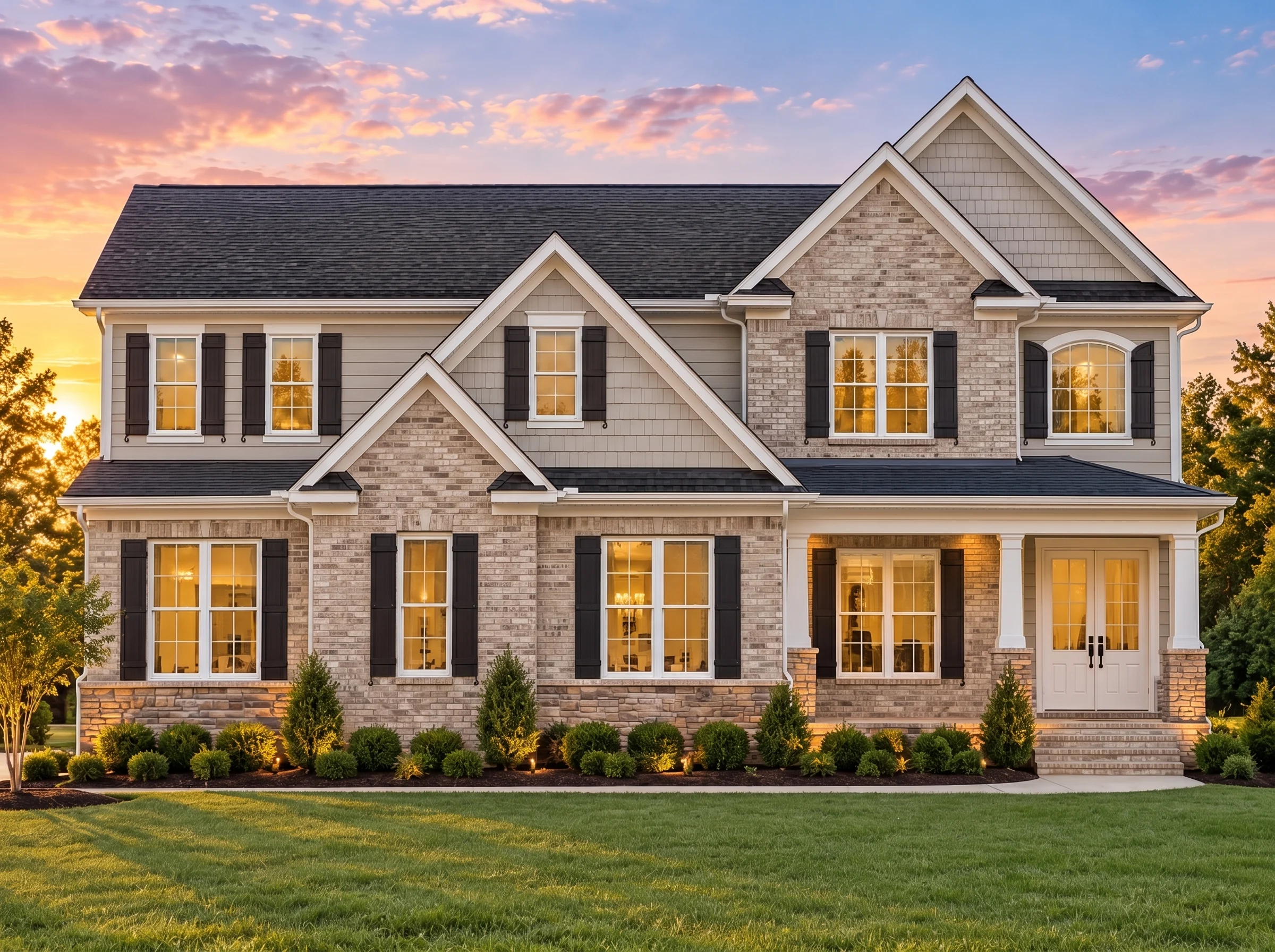 Plan  11-1774 – Magnolia Shores |  New American – 5-Bed, 4.5-Bath, 3,999 SF - Natural Brick, AI-generated exterior concept