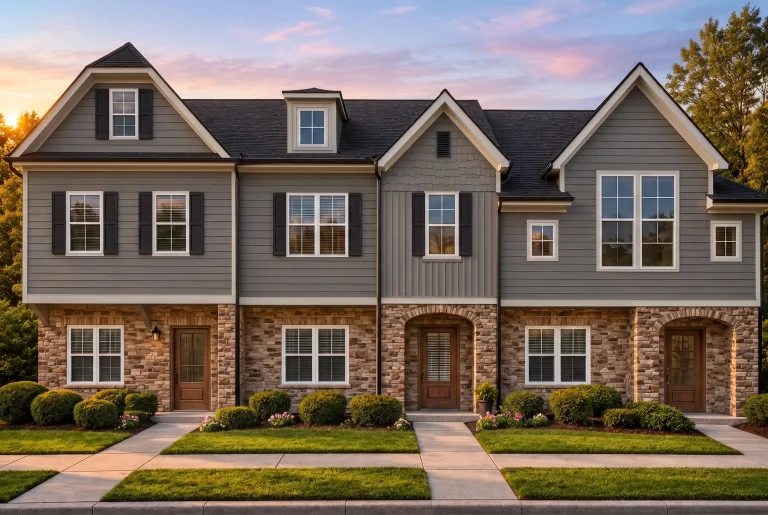 Townhome Floor Plans 16 Plan 11-1876 – Aster Orchard Retreat | Traditional Townhome – 3-Bed, 2.5-Bath, 4,866 SF - Warm Charcoal, AI-generated exterior concept