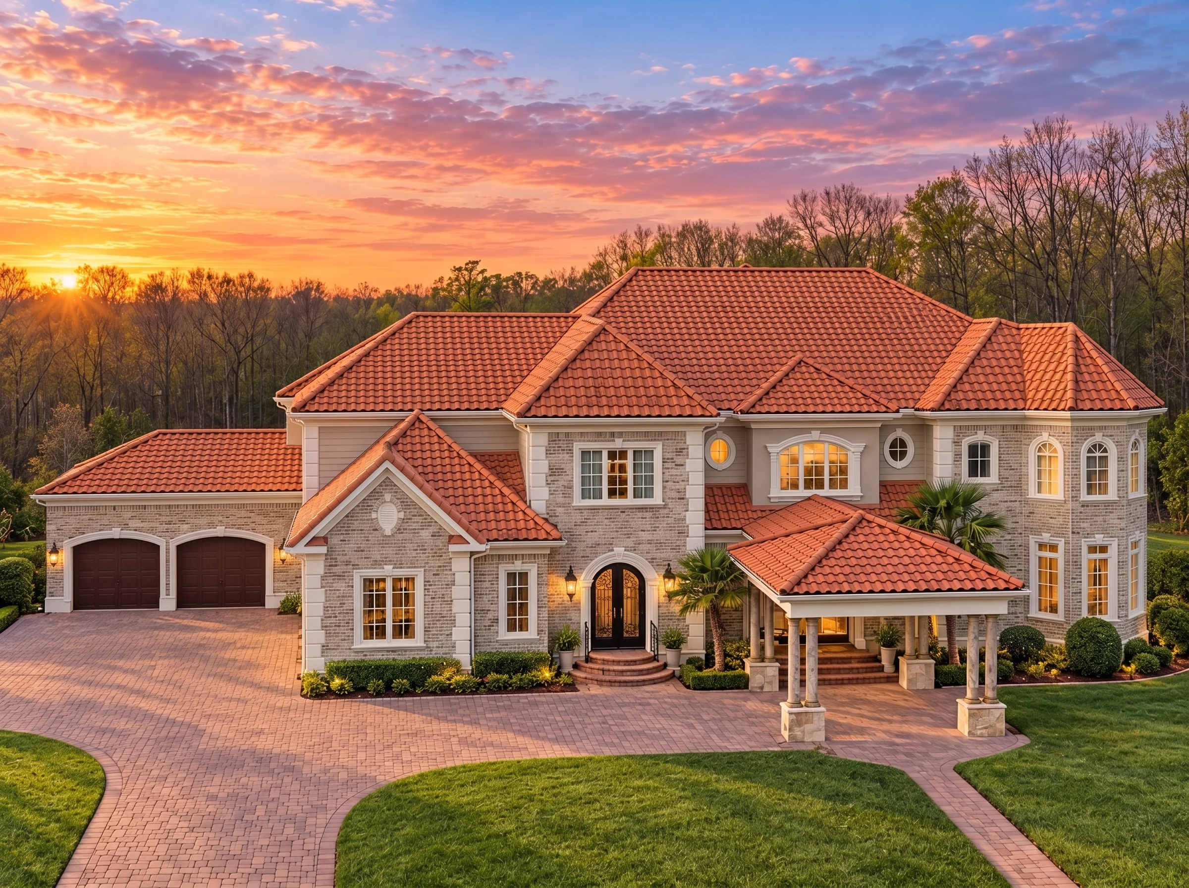 Plan  11-1872 – Aster Willow Place |  French Provincial – 5-Bed, 5-Bath, 9,456 SF - Natural Brick, AI-generated exterior concept