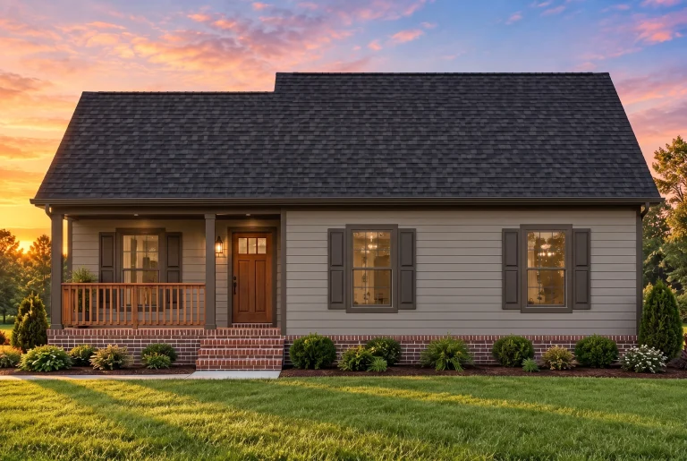 Plan  11-1917 – Scene House |  Traditional Cottage – 3-Bed, 2-Bath, 1,090 SF - Mushroom Taupe, AI-generated exterior concept