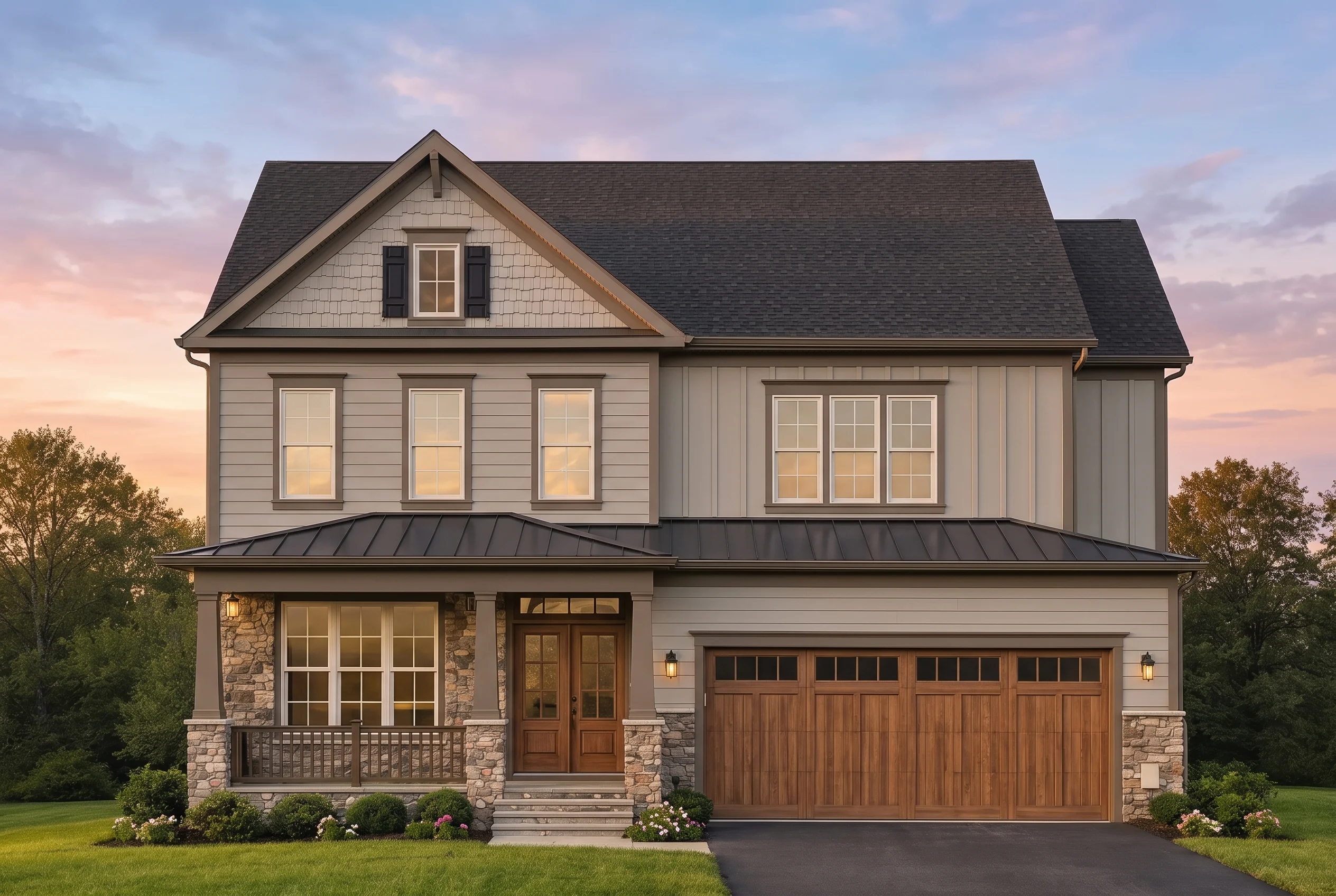 Plan  11-1923 – Royal Residence |  Traditional Colonial – 5-Bed, 3.5-Bath, 2,326 SF - Mushroom Taupe, AI-generated exterior concept
