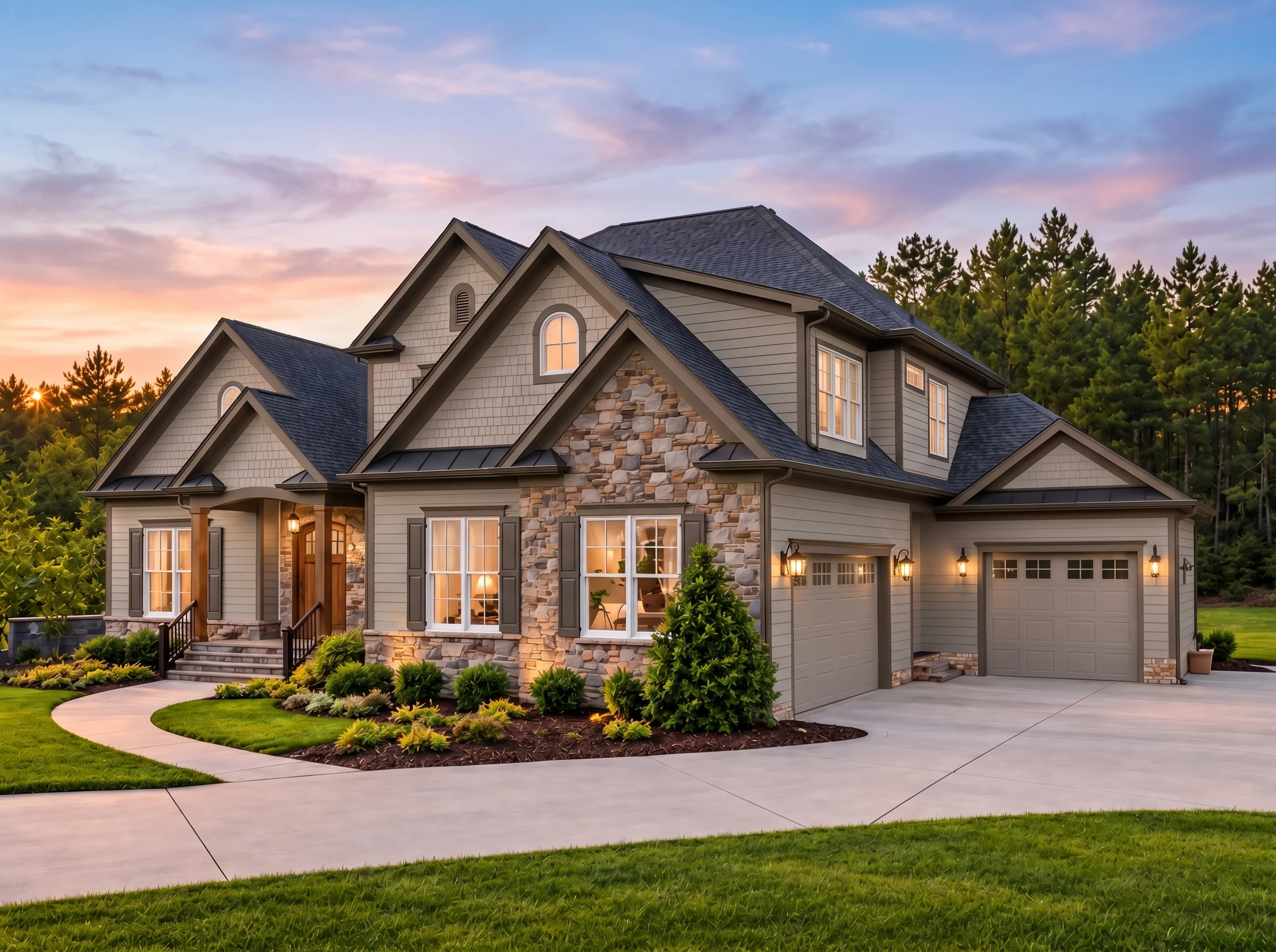 Plan  11-1943 – Penzance Estate |  Traditional Colonial – 4-Bed, 4.5-Bath, 4,262 SF - Mushroom Taupe, AI-generated exterior concept