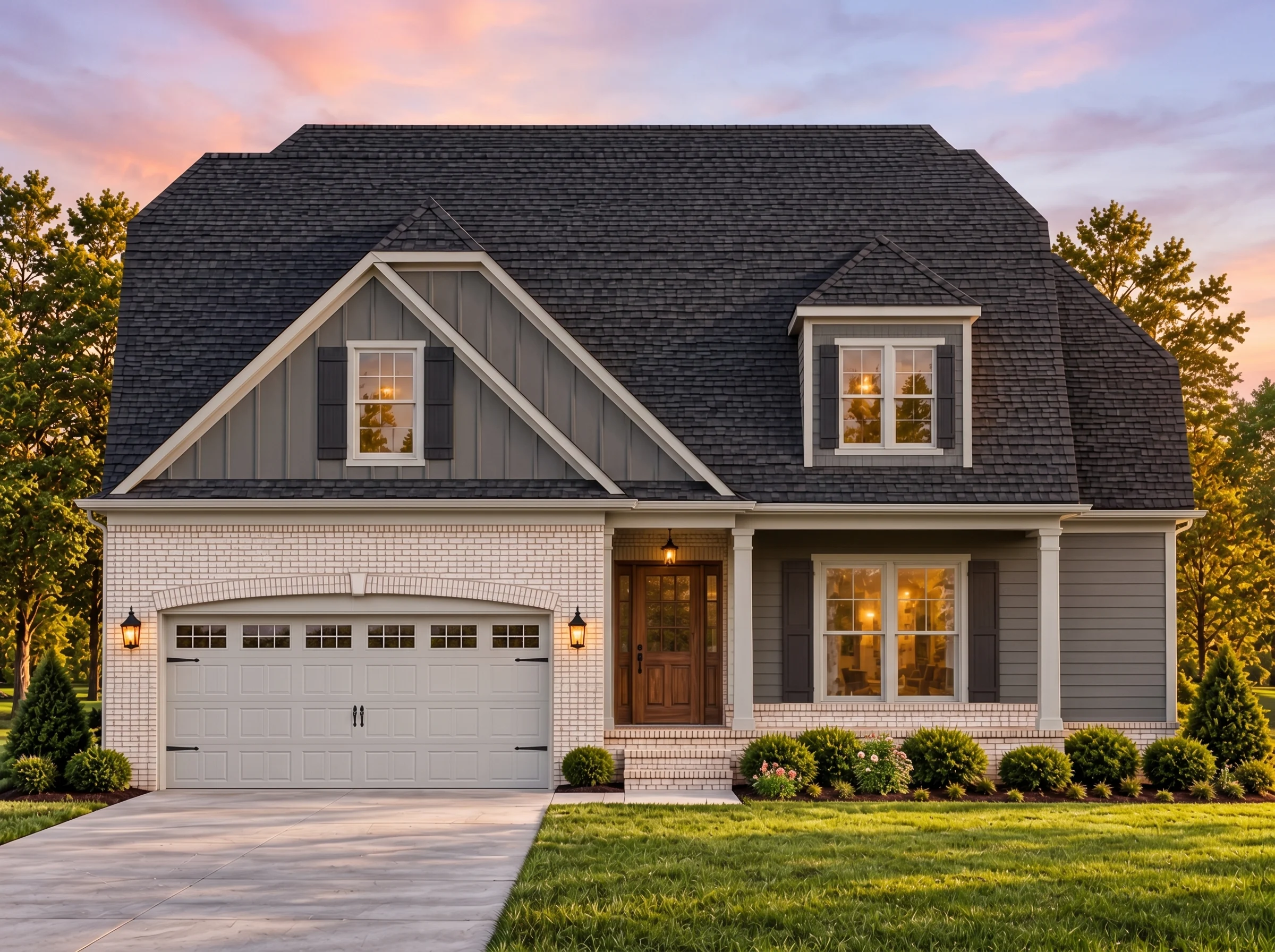 Plan  11-1955 – Sycamore Run Manor |  Dutch Colonial – 3-Bed, 2.5-Bath, 2,454 SF - Warm Charcoal, AI-generated exterior concept