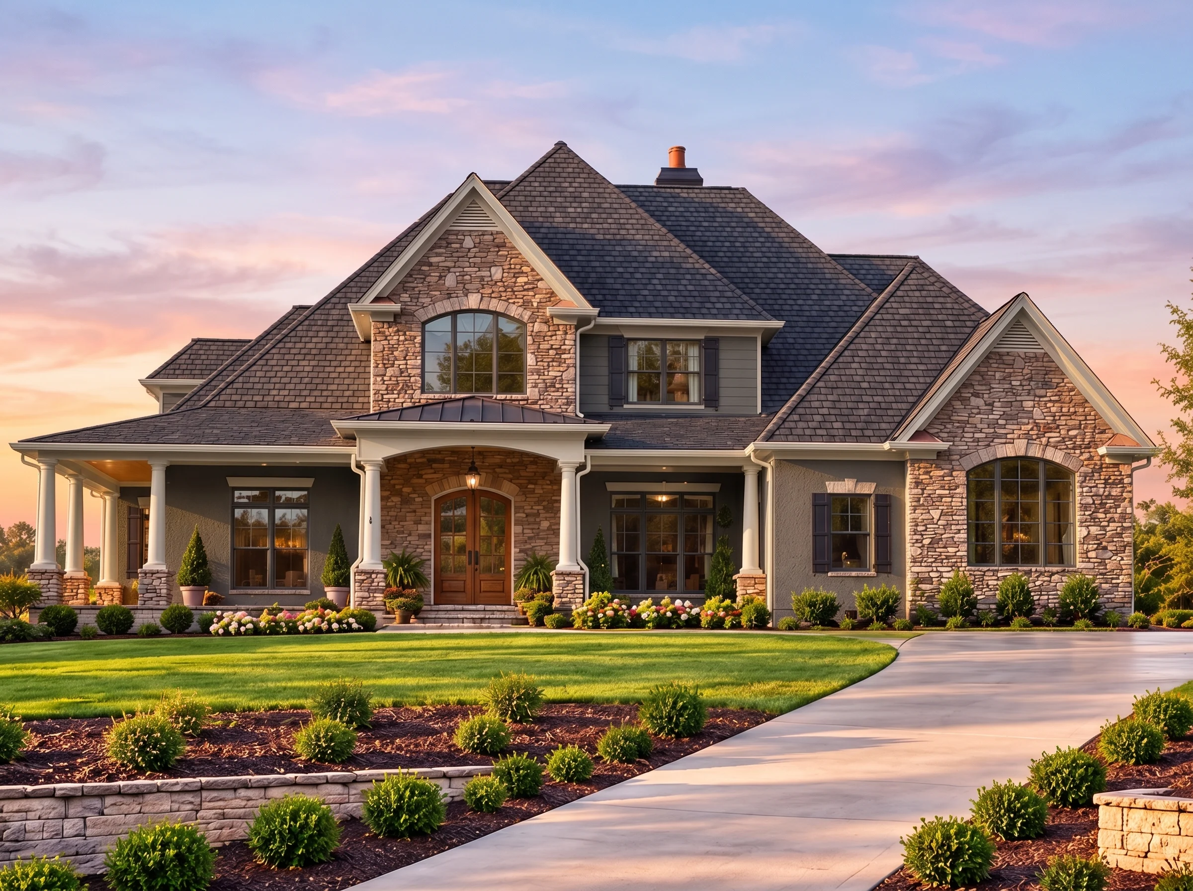 Plan  11-1963 – Auburn Springs Farmhouse | French Country – 4-Bed, 4.5-Bath, 4,553 SF - Warm Charcoal, AI-generated exterior concept