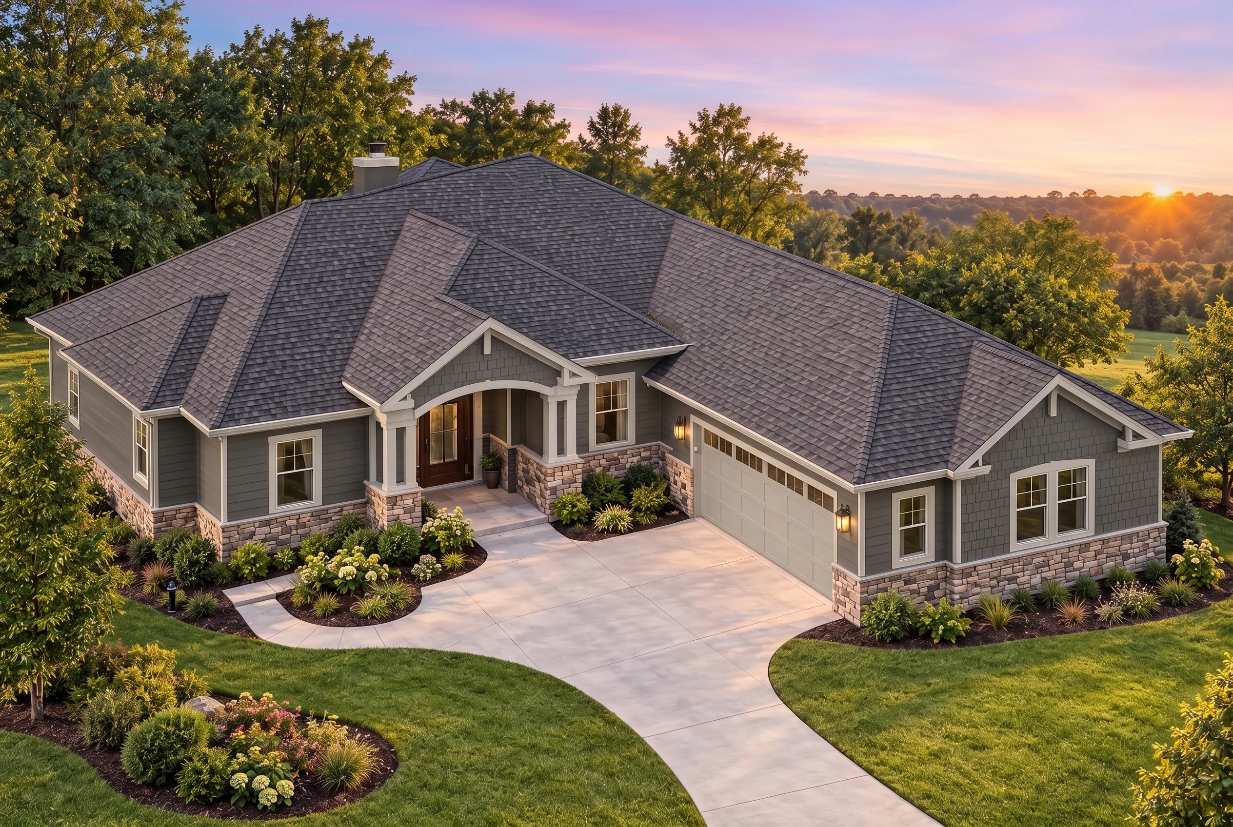 Plan  11-1892B – Aster Ridge Place |  Traditional Ranch – 3-Bed, 3-Bath, 3,099 SF - Warm Charcoal, AI-generated exterior concept