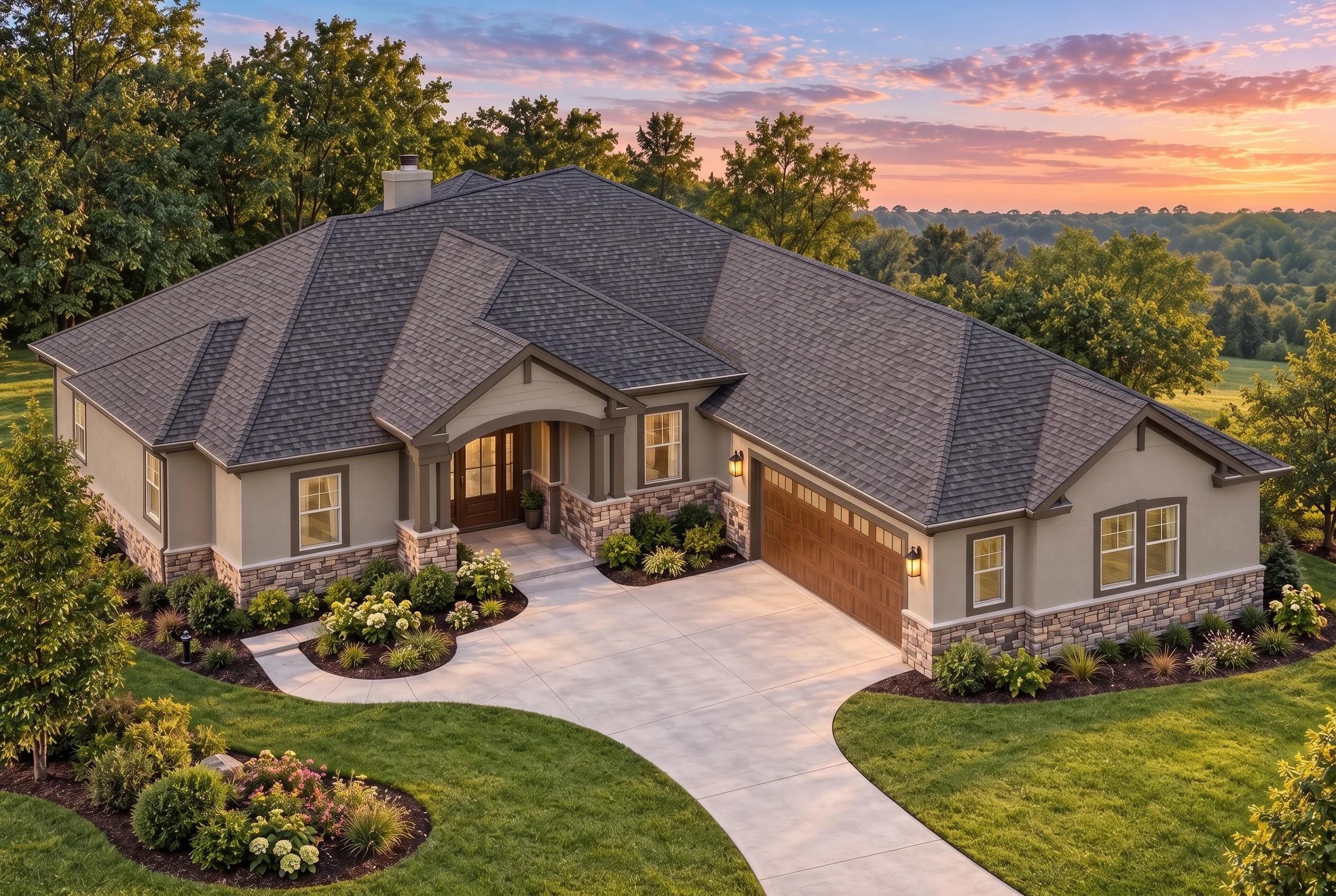 Plan  11-1892B – Aster Ridge Place |  Traditional Ranch – 3-Bed, 3-Bath, 3,099 SF - Mushroom Taupe, AI-generated exterior concept