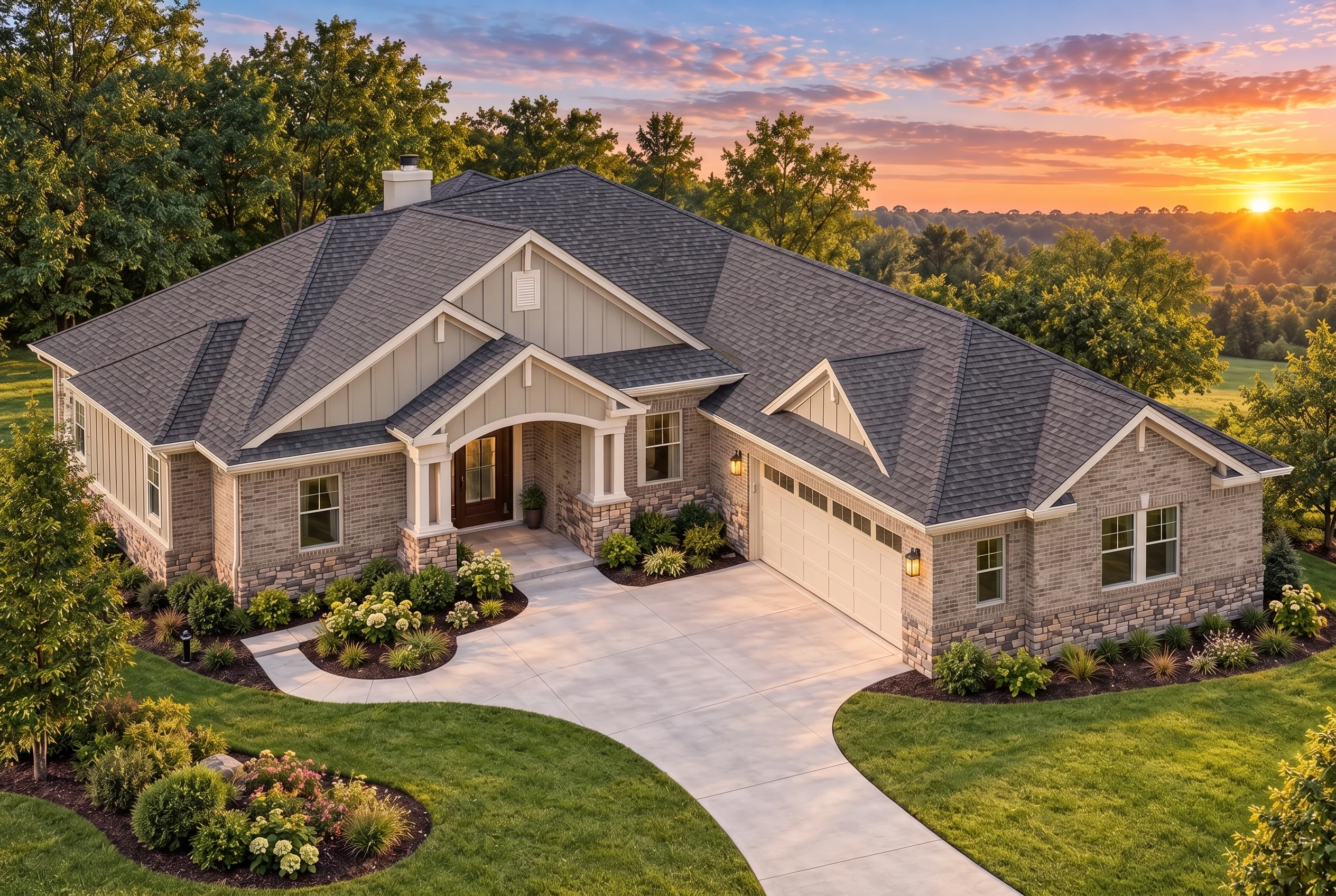 Plan  11-1892B – Aster Ridge Place |  Traditional Ranch – 3-Bed, 3-Bath, 3,099 SF - Natural Brick, AI-generated exterior concept
