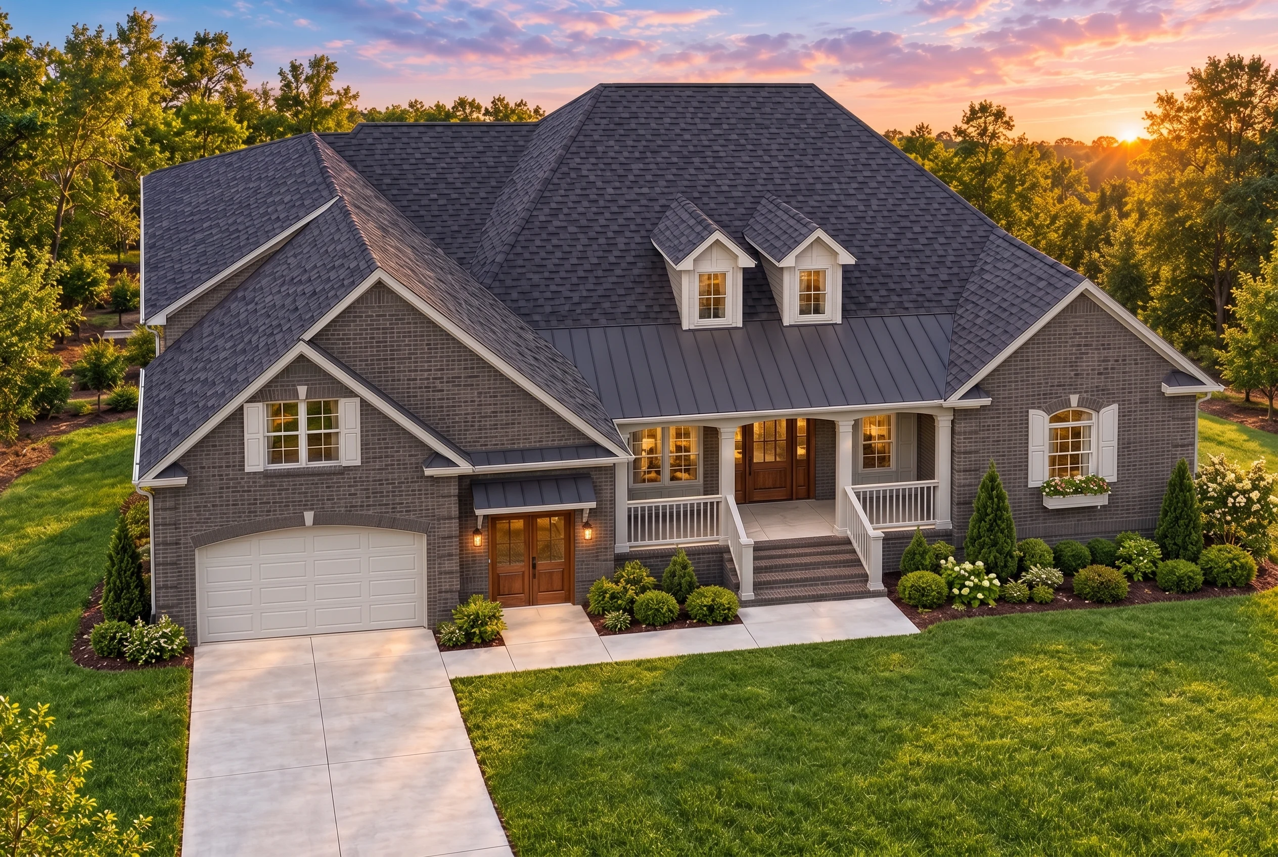 Plan  12-2020 – Colorado Basin |  Traditional New American – 3-Bed, 3.5-Bath, 3,042 SF - Warm Charcoal, AI-generated exterior concept