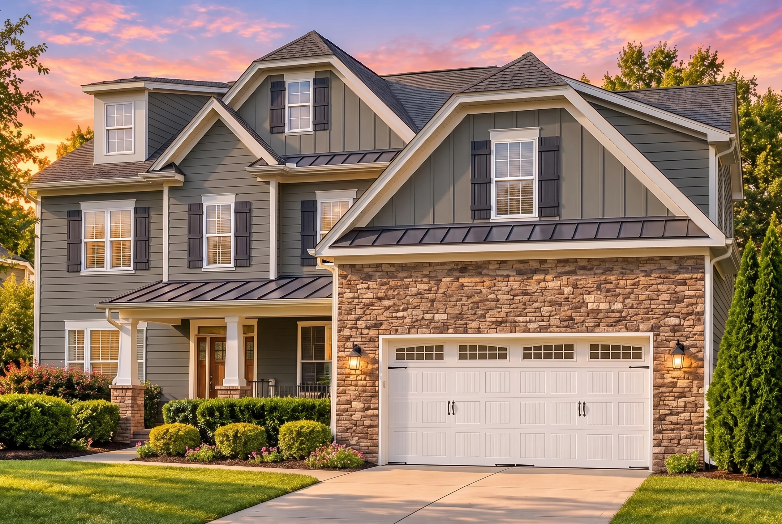 Plan  12-2003 – Republic Manor | New  American – 5-Bed, 4.5-Bath, 4,547 SF - Warm Charcoal, AI-generated exterior concept
