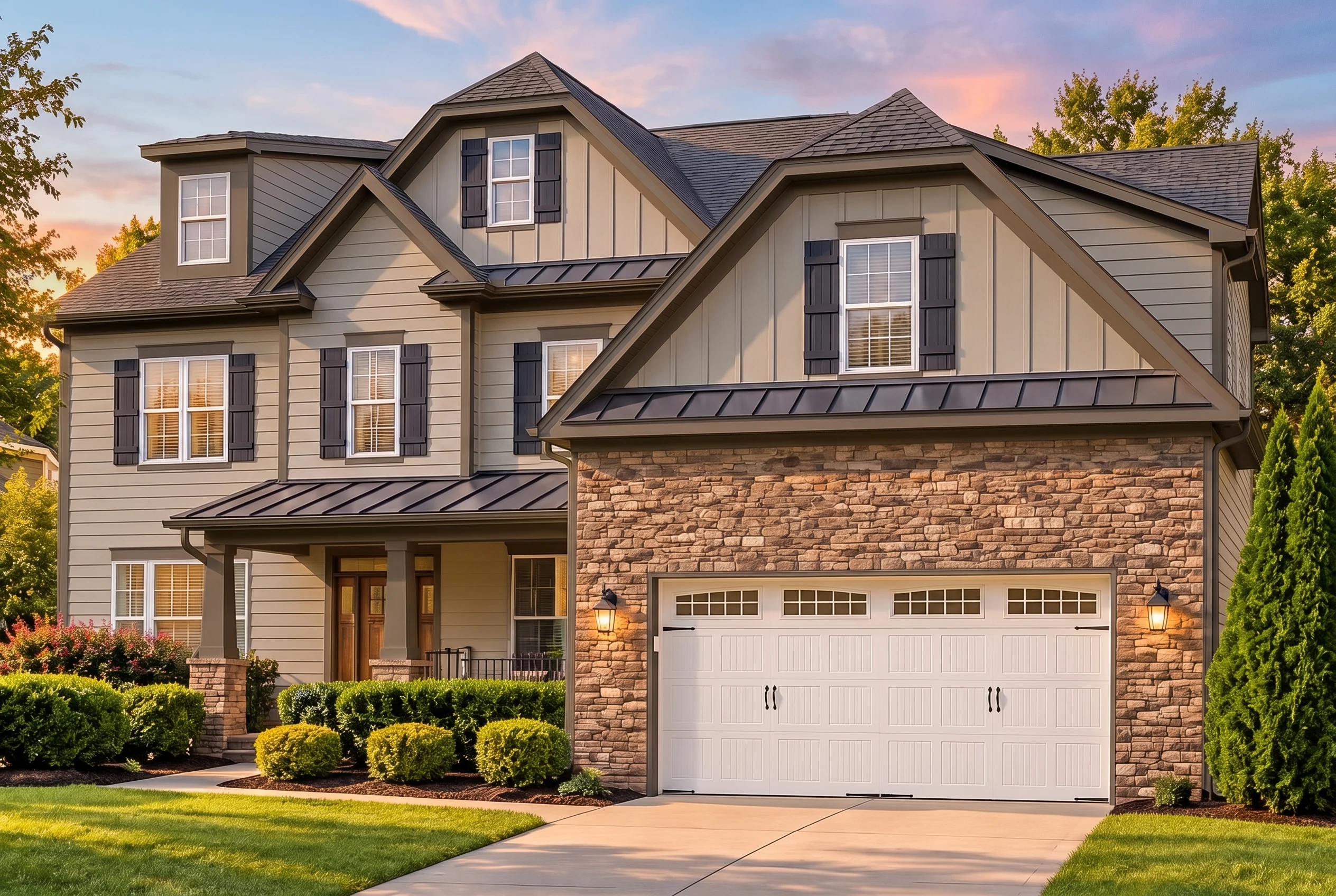 Plan  12-2003 – Republic Manor | New  American – 5-Bed, 4.5-Bath, 4,547 SF - Mushroom Taupe, AI-generated exterior concept