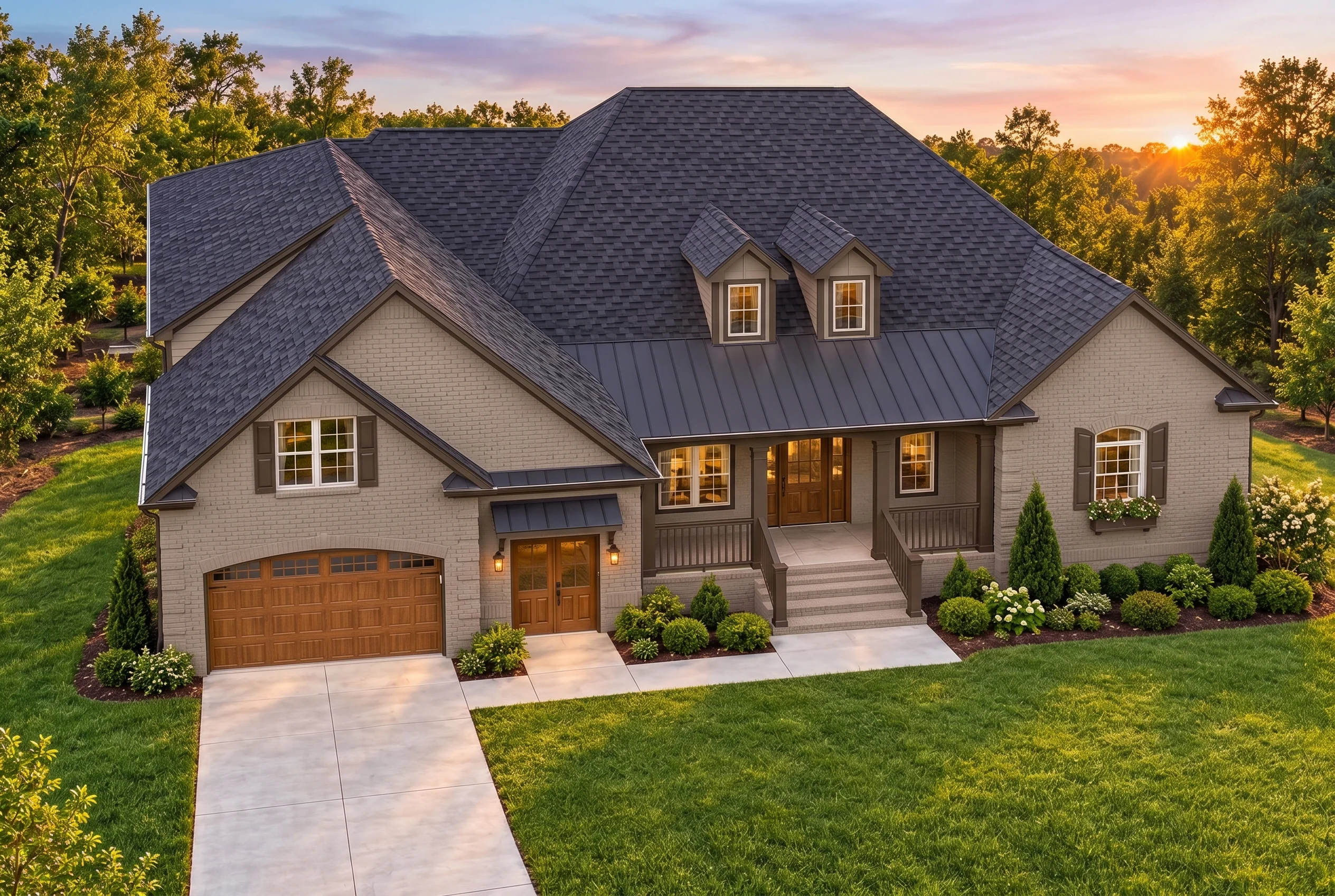 Plan  12-2020 – Colorado Basin |  Traditional New American – 3-Bed, 3.5-Bath, 3,042 SF - Mushroom Taupe, AI-generated exterior concept