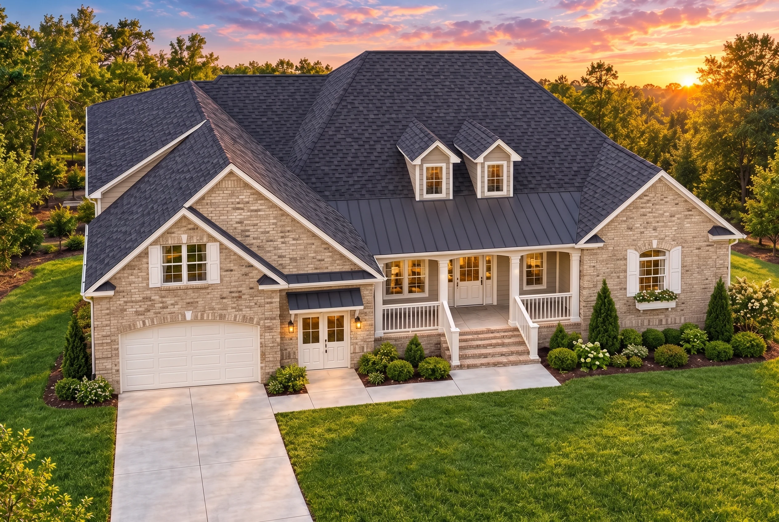 Plan  12-2020 – Colorado Basin |  Traditional New American – 3-Bed, 3.5-Bath, 3,042 SF - Natural Brick, AI-generated exterior concept