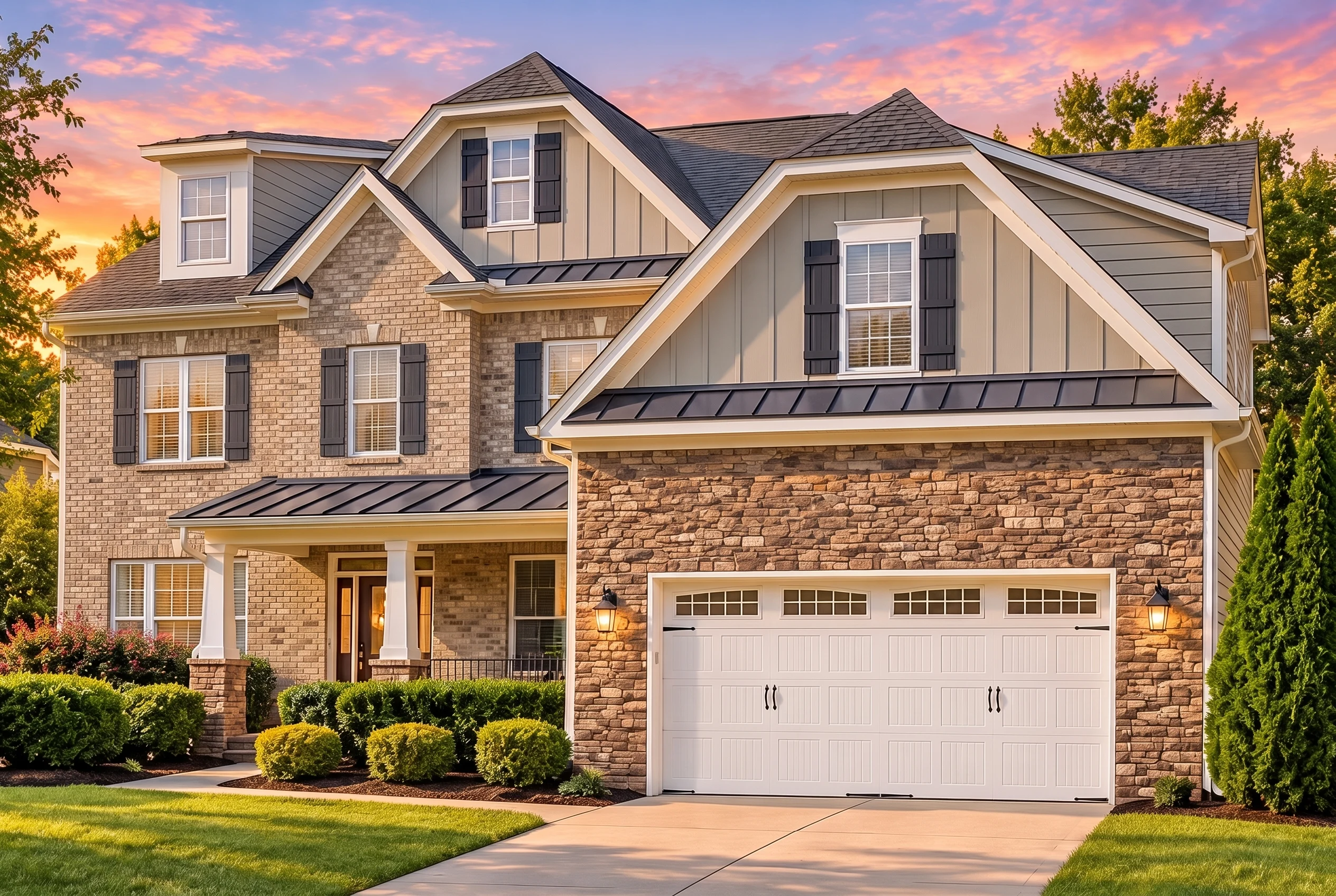 Plan  12-2003 – Republic Manor | New  American – 5-Bed, 4.5-Bath, 4,547 SF - Natural Brick, AI-generated exterior concept