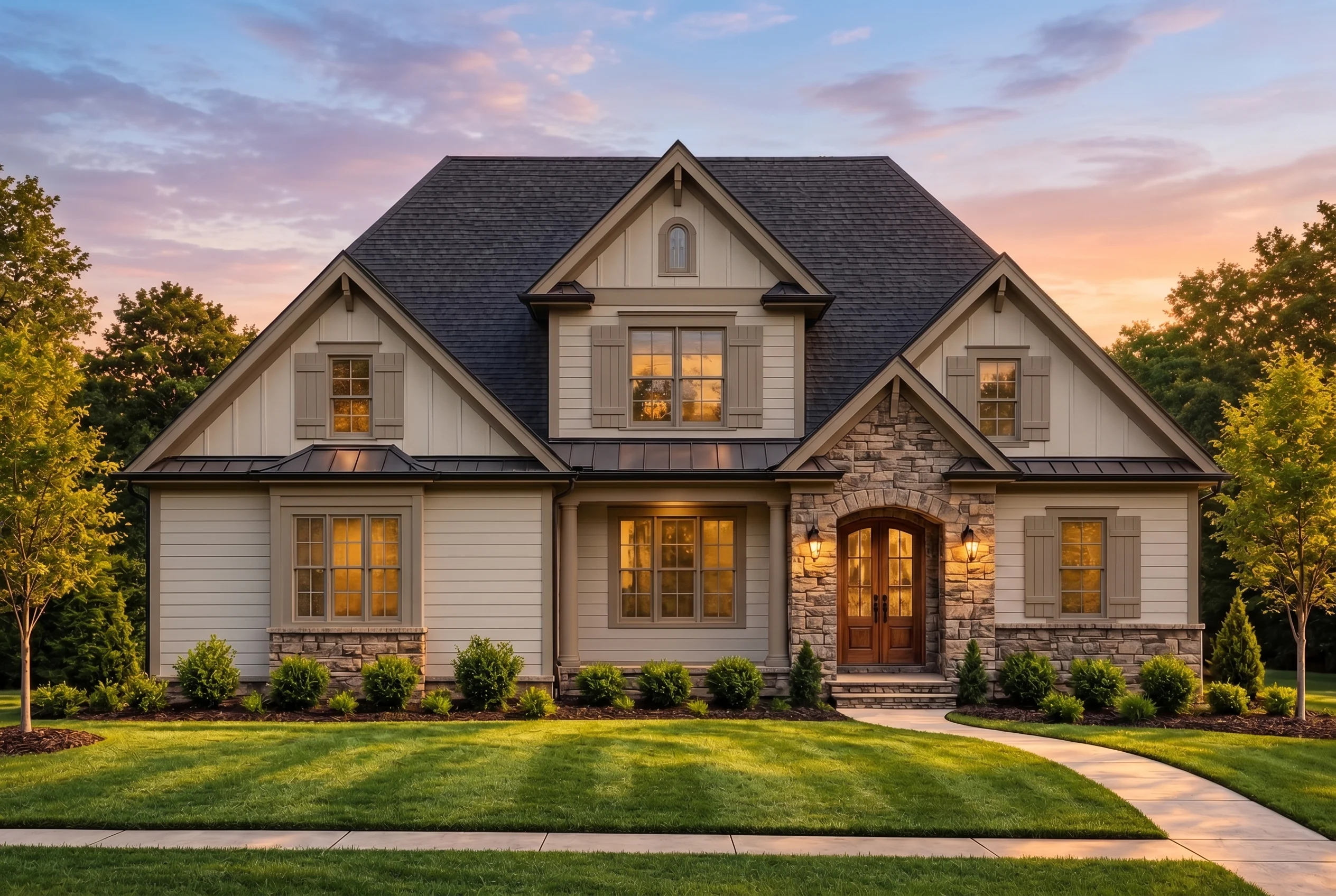 Plan  12-1078 – Aster Orchard Hall |  New American – 4-Bed, 3.5-Bath, 2,606 SF - Mushroom Taupe, AI-generated exterior concept