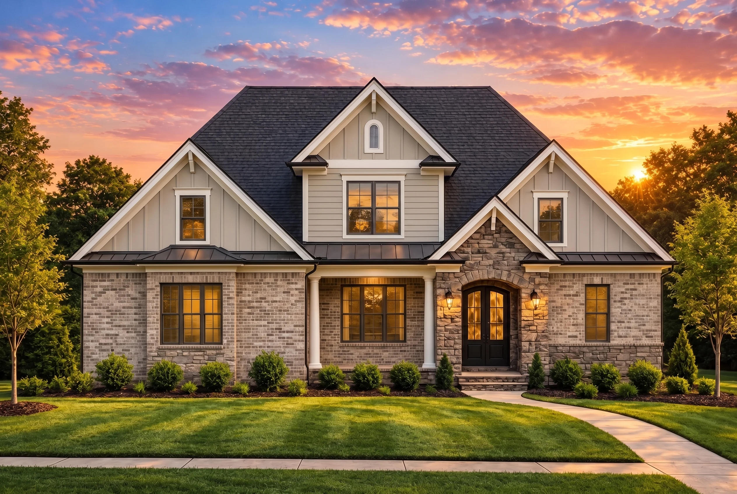 Plan  12-1078 – Aster Orchard Hall |  New American – 4-Bed, 3.5-Bath, 2,606 SF - Natural Brick, AI-generated exterior concept