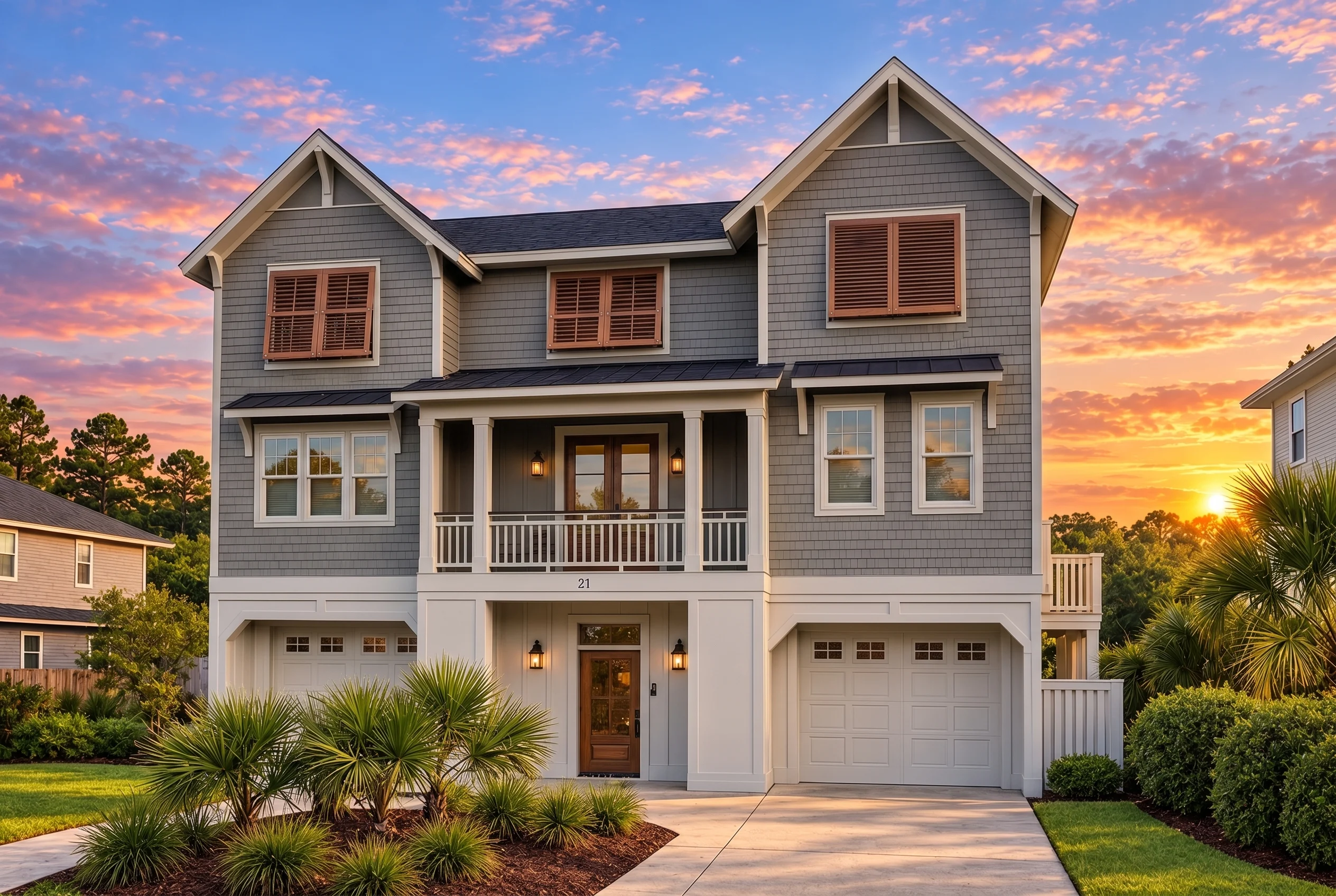 Plan  12-1075 – Pecan Creek Estate |  Coastal – 5-Bed, 2-Bath, 3,300 SF - Warm Charcoal, AI-generated exterior concept