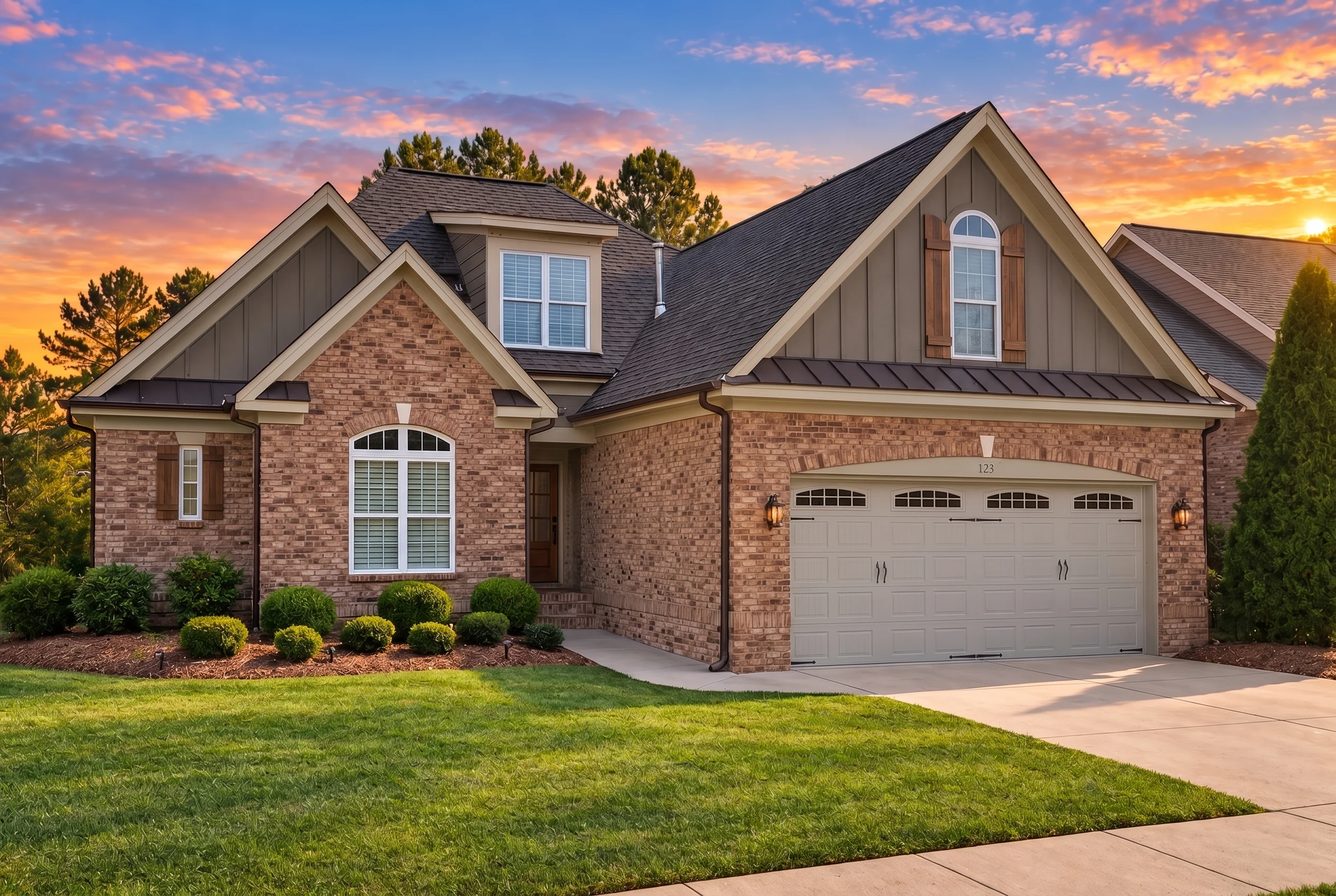 Plan  12-1074 – Auburn Landing Haven  | New American – 5-Bed, 4-Bath, 2,899 SF - Warm Charcoal, AI-generated exterior concept